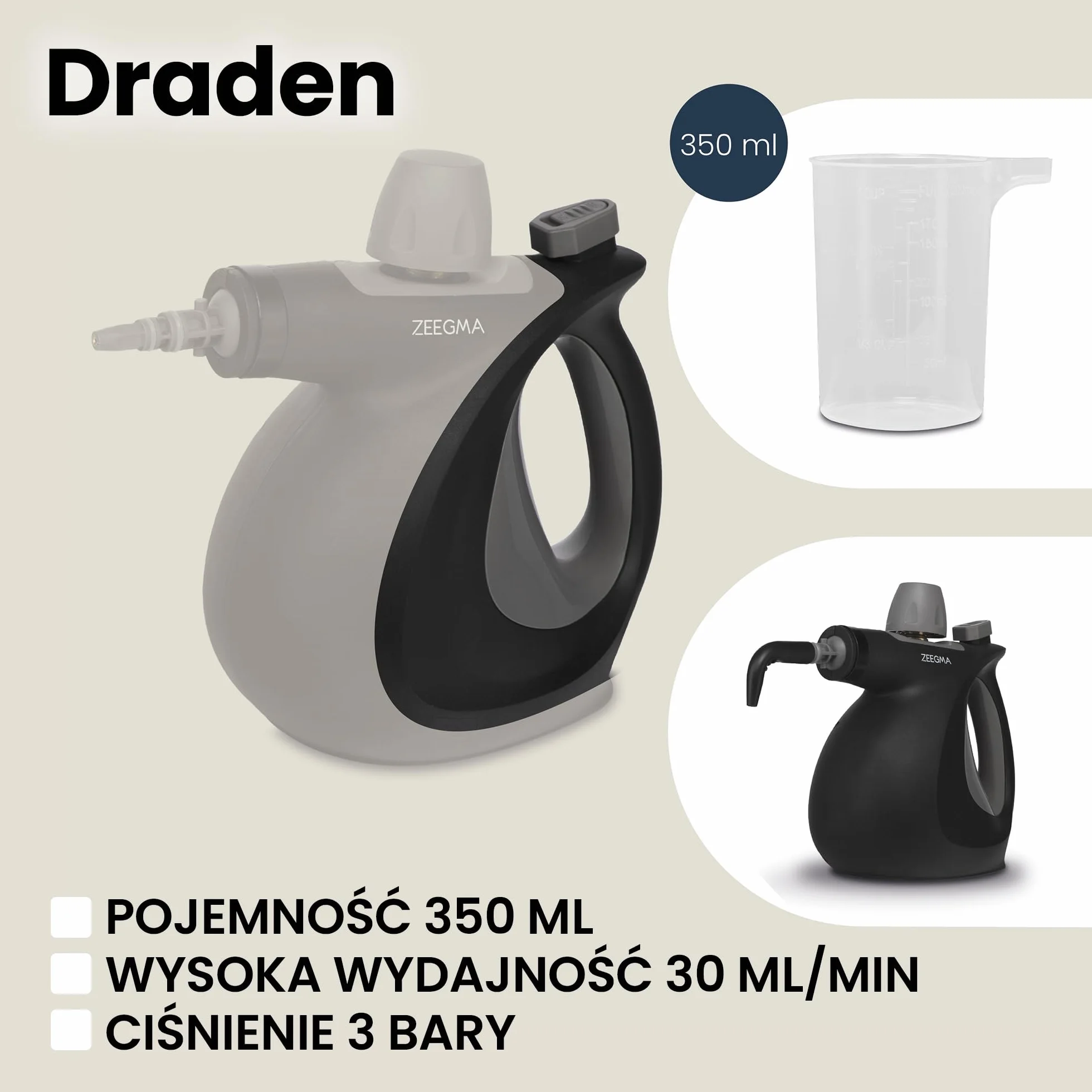 ZEEGMA Myjka Parowa 9 Końcówek IPX4 3 Bary 110°C 30 ml/min