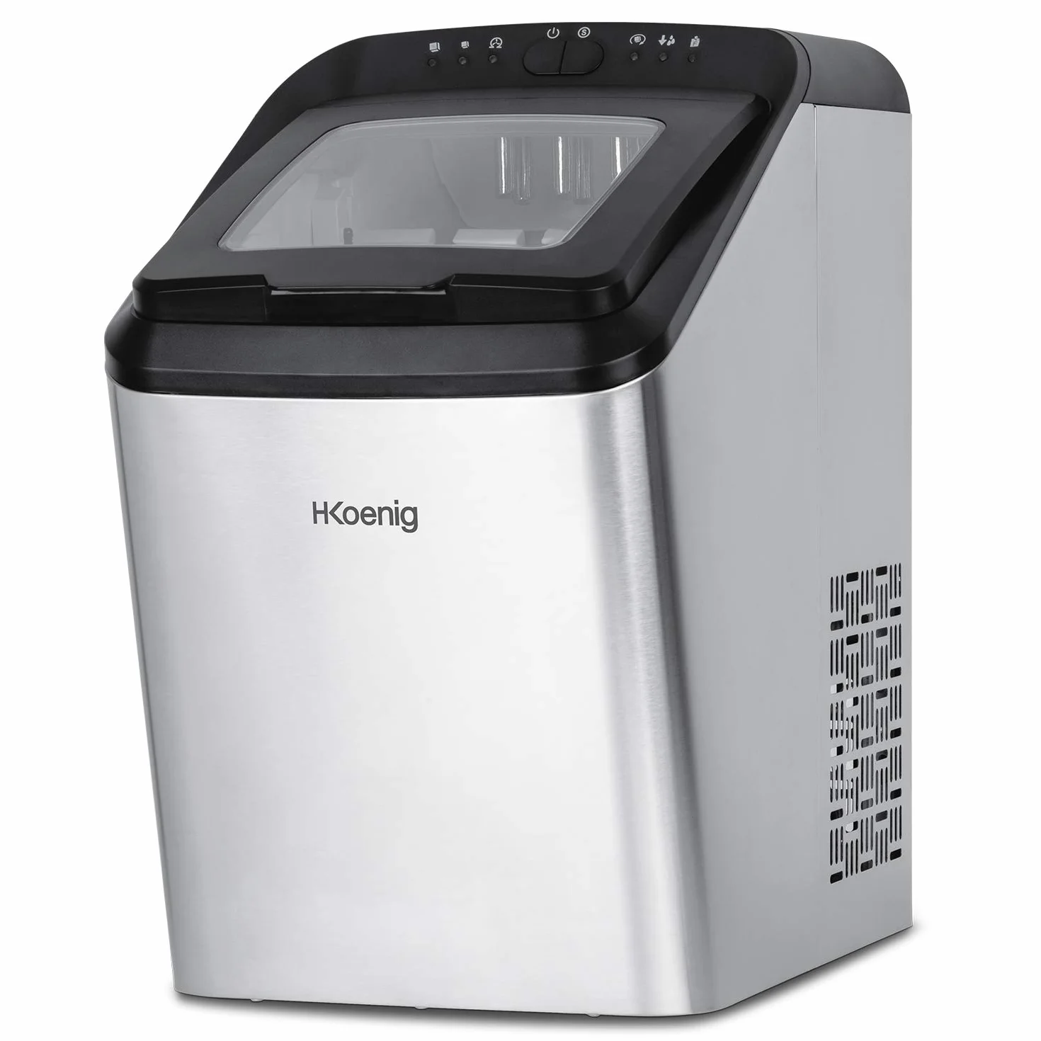H.Koenig Kostkarka do lodu KBP40 15 kg w ciągu 24 godzin, szybki czas produkcji 9 min, 2 rozmiary kostek lodu, możliwość podłączenia wody, pojemność 2,8 l, obudowa ze stali nierdzewnej, łopatka do lodu