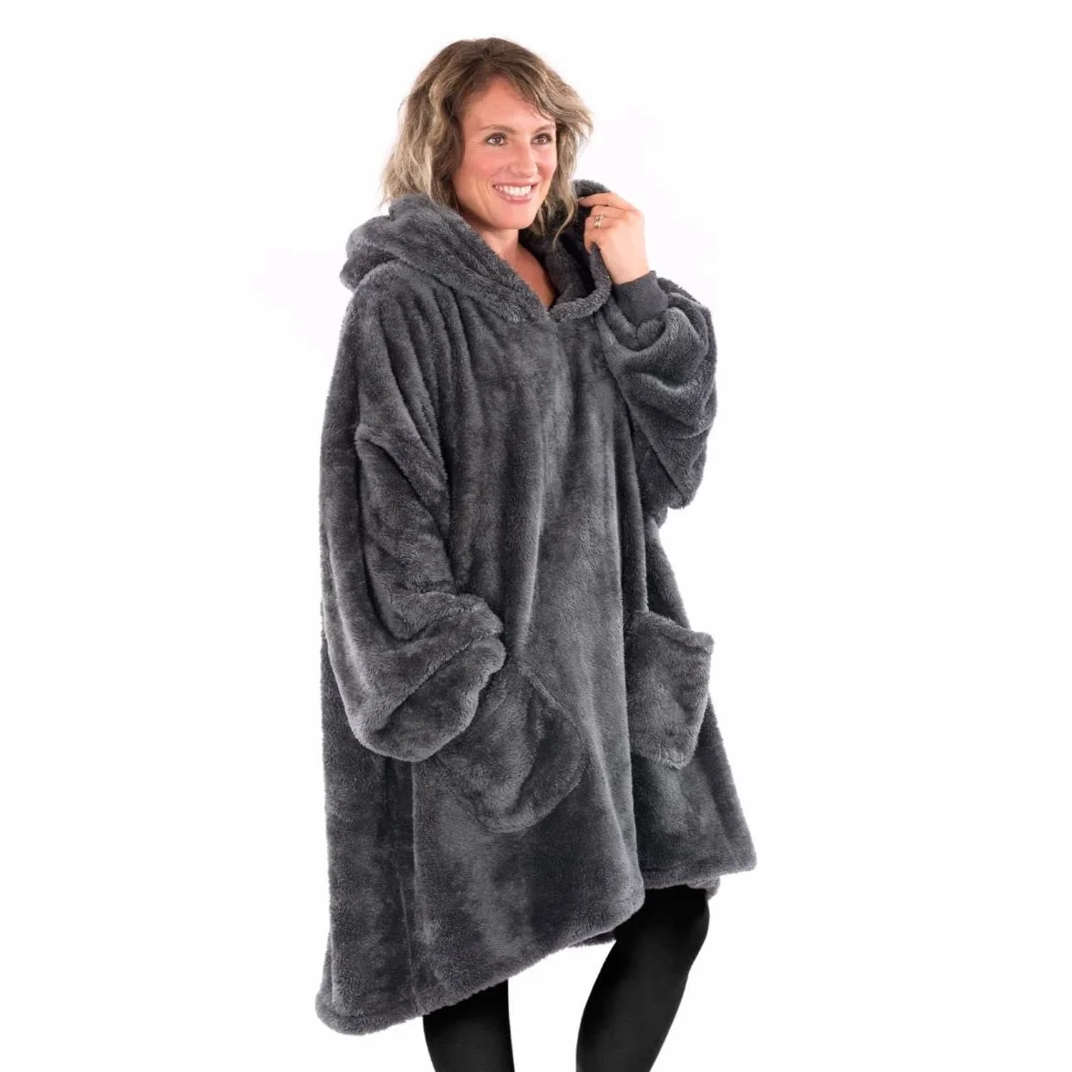 Snug Rug Szara kocobluza z kapturem, koc z rękawami, sztuczny kożuszek, dla dorosłych, sweter z kapturem, miękki, wygodny, bardzo duży koc z rękawami