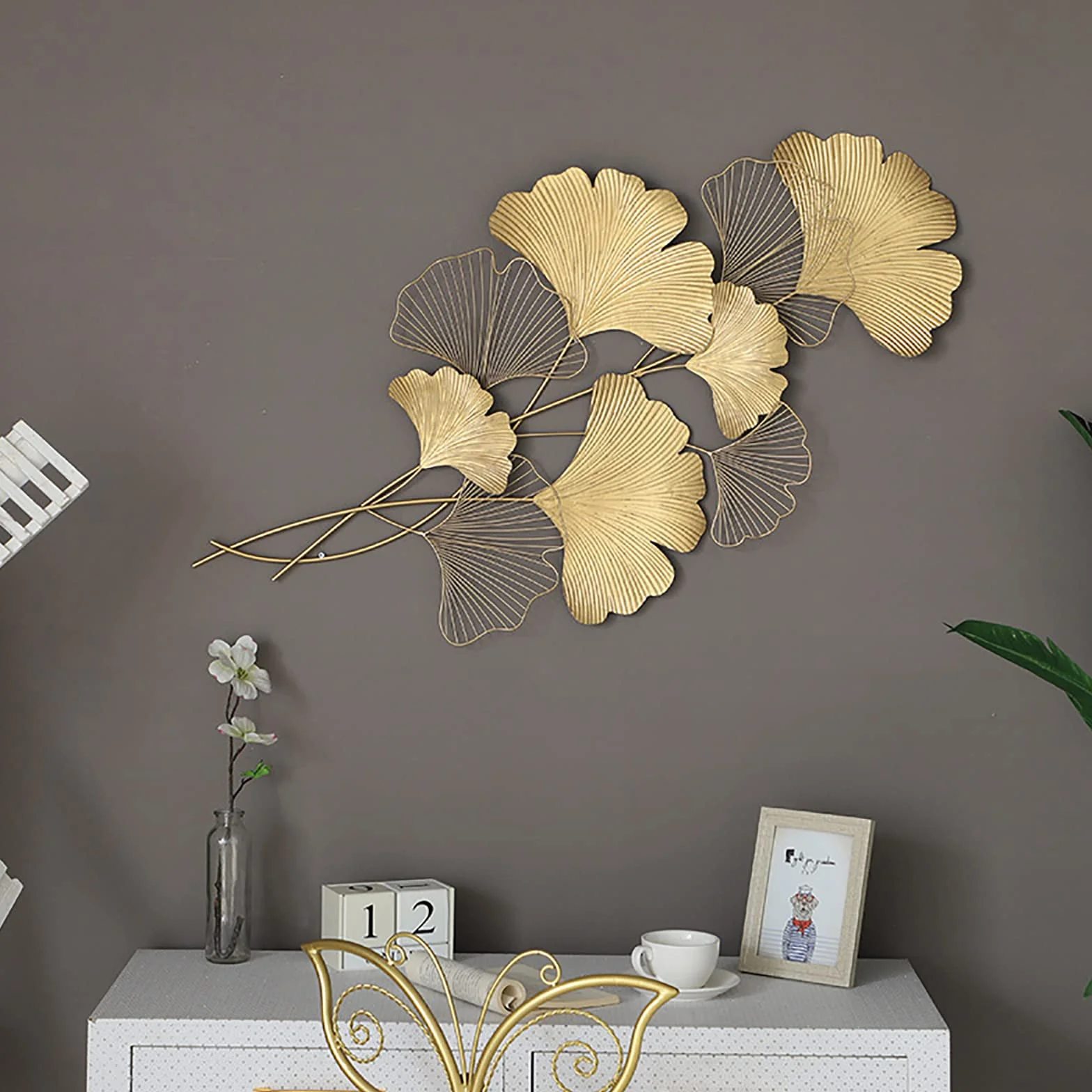 SanBouSi Ginkgo 3D, metalowa dekoracja ścienna, liście, dekoracja ścienna, tło ścienne, dekoracja ścienna do salonu, złota, 110 x 55 cm