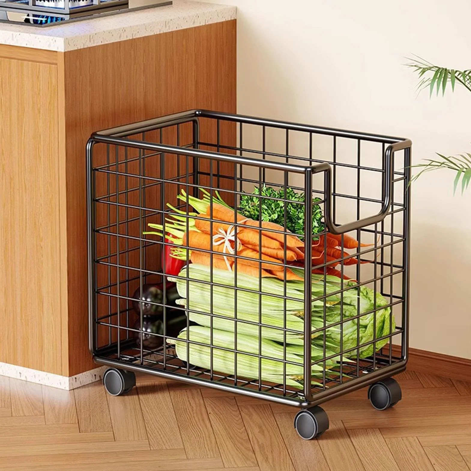 Kitchen Rolling Cart, 360° Rotating Storage Rack, Multi-Tier Floor Organizer with Wheels, Space-Saving Portable Utility Cart, Mesh Basket Design, for Pantry, Laundry, Bathroom, 28x44x40cm Black
