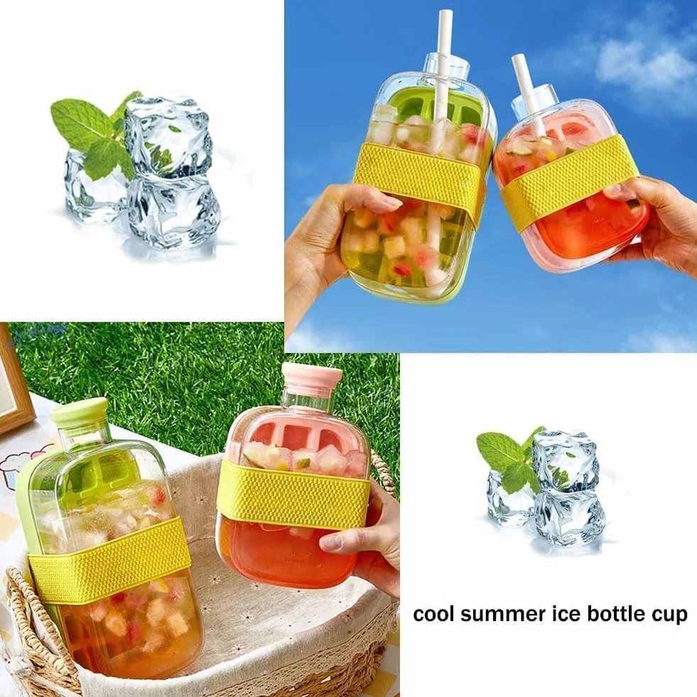 My Crush Cup Ice - Łatwe wydostawanie lodu, 2-w-1 chłodząca butelka z przyciskiem bez dotykania, letni kubek z słomką, butelka na kostki lodu, przenośna tacka na kostki lodu na zewnątrz do robienia