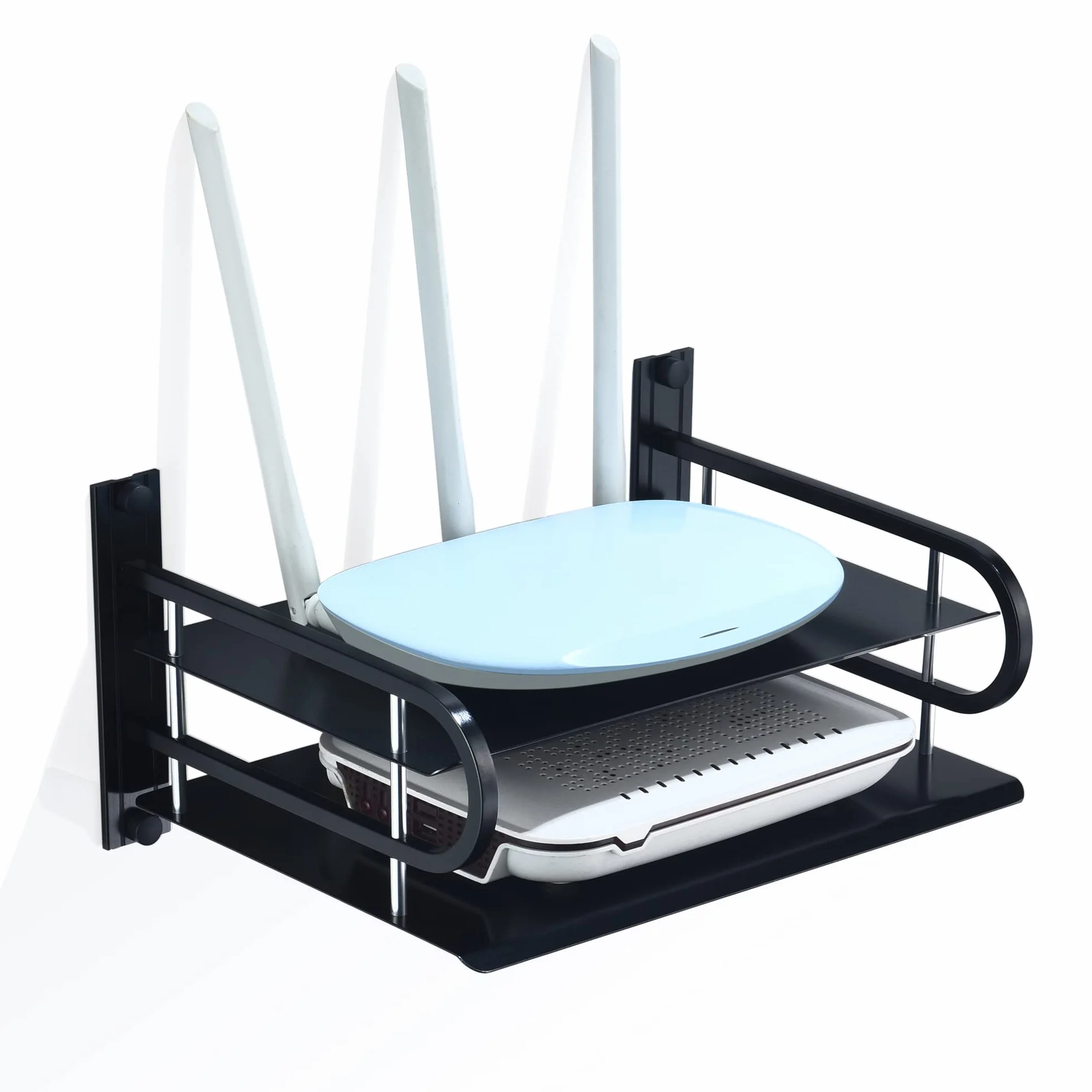 Regał ścienny na router i kable, uchwyt multimedialny stojak do odbiorników AV, 2 warstwy