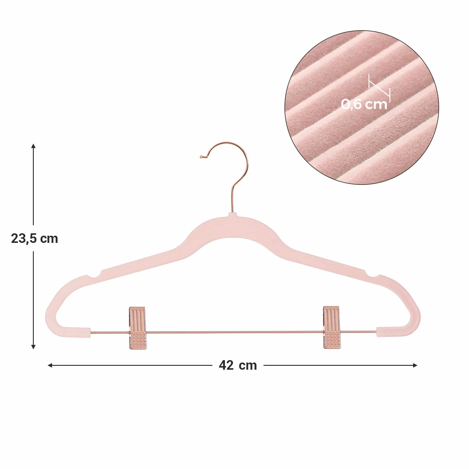 SONGMICS Grucce spodnie, 24 szt., 42 cm, wieszaki z regulowanymi szczypcami i hakiem złoty kolor, aksamitne wieszaki antypoślizgowe, oszczędność miejsca, do spódnic, jasnoróżowy CRF14PK24, standardowy