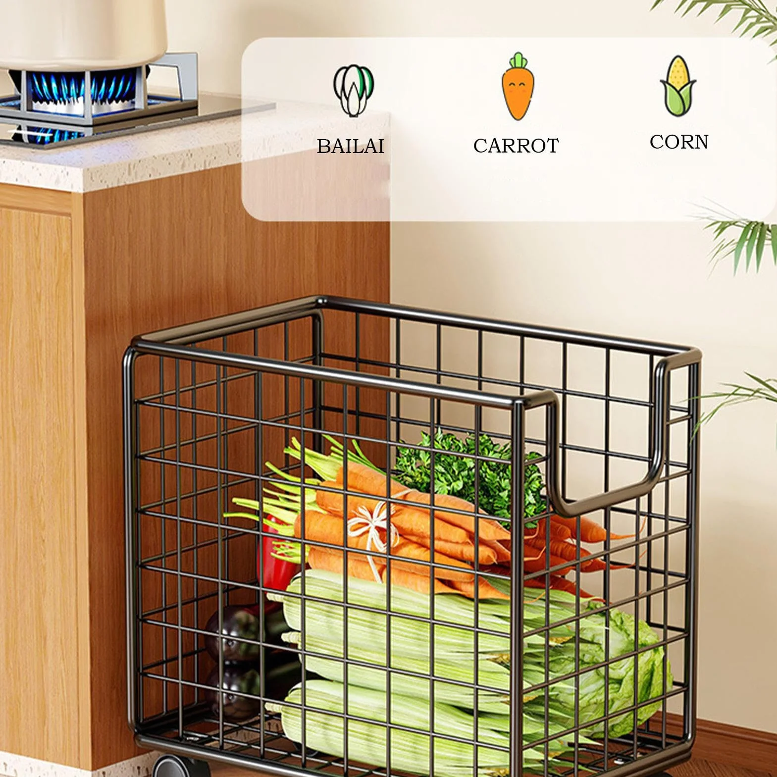 Kitchen Rolling Cart, 360° Rotating Storage Rack, Multi-Tier Floor Organizer with Wheels, Space-Saving Portable Utility Cart, Mesh Basket Design, for Pantry, Laundry, Bathroom, 28x44x40cm Black