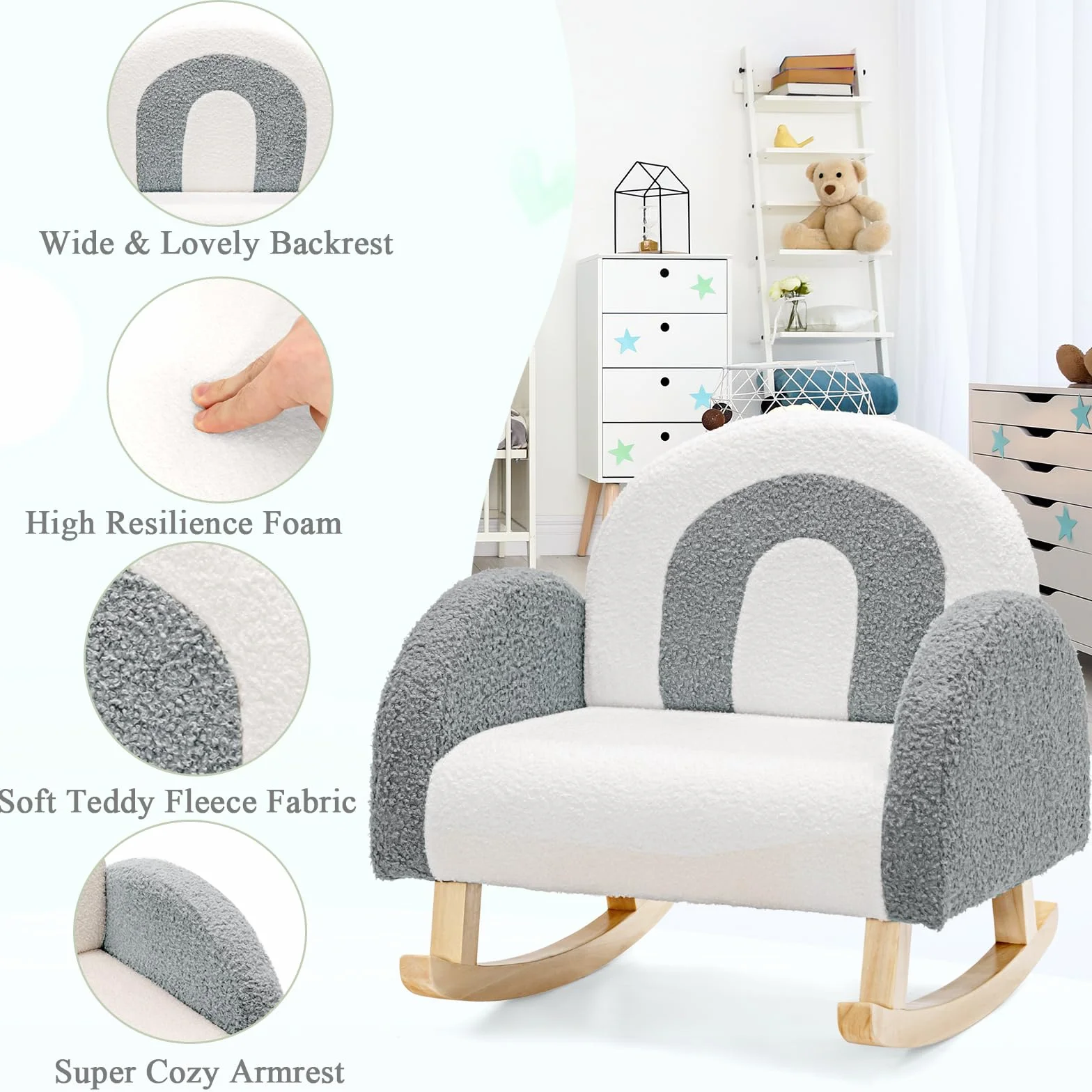 LIFEZEAL Fotel dziecięcy, sofa dla małych dzieci, mini sofa dla dziewczynek i chłopców, fotel bujany z aksamitnego materiału i nóg z litego drewna, krzesło do pokoju dziecięcego (szary)