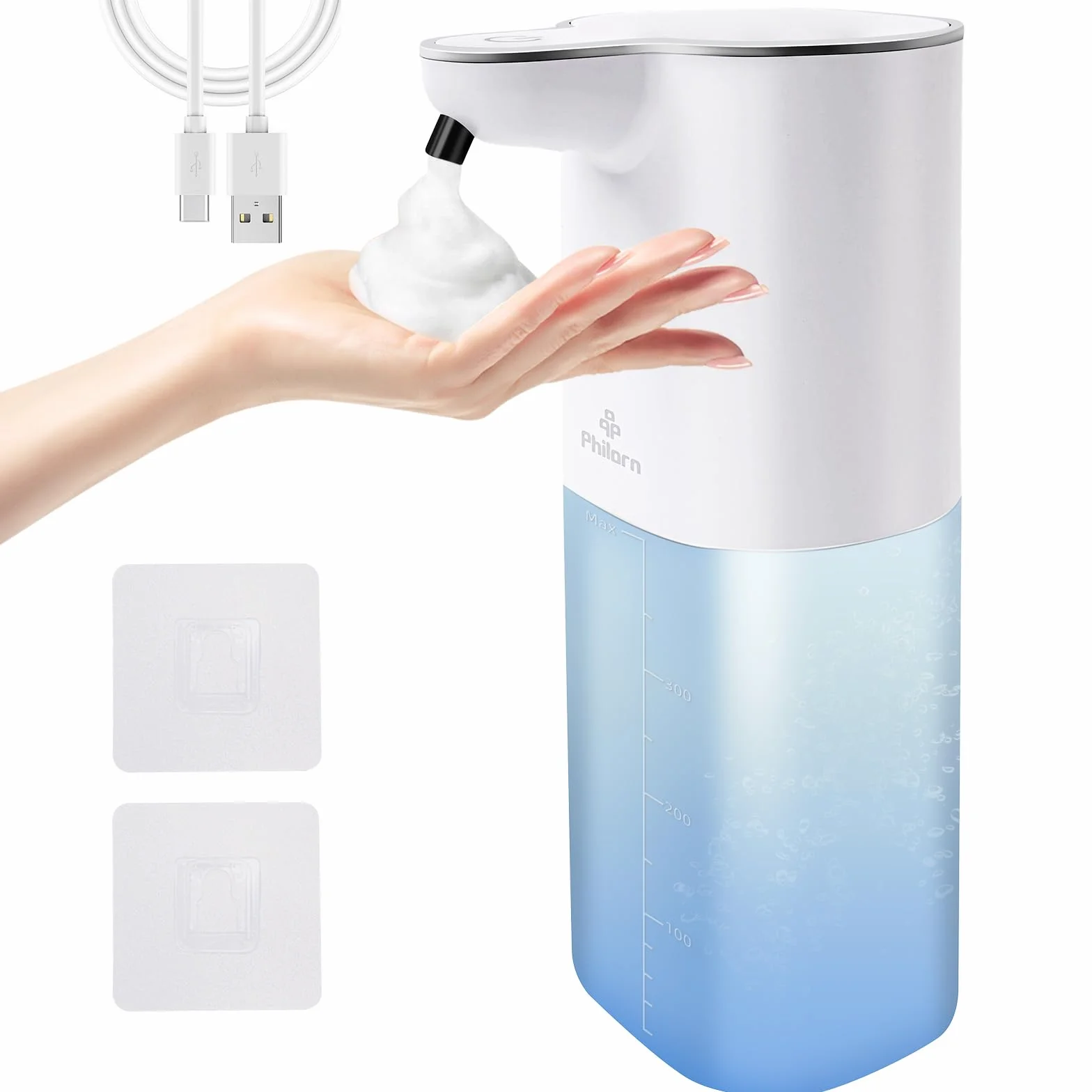 Philorn Dozownik mydła automatyczny do montażu na ścianie, 400 ml, elektryczny dozownik mydła w piance z czujnikiem, bez wiercenia, 4-stopniowa regulacja, dozownik mydła IPX5 (biały)