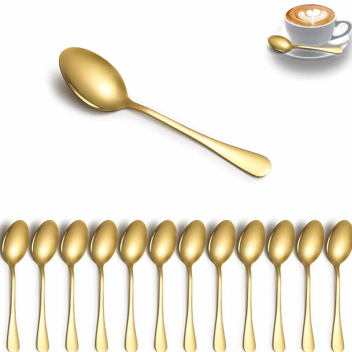 Zestaw 12 złotych łyżeczek deserowych ze stali nierdzewnej, łyżeczki do kawy, łyżeczki do mieszania, latte do domu, restauracji, hotelu, na wesele, wydarzenie, imprezy