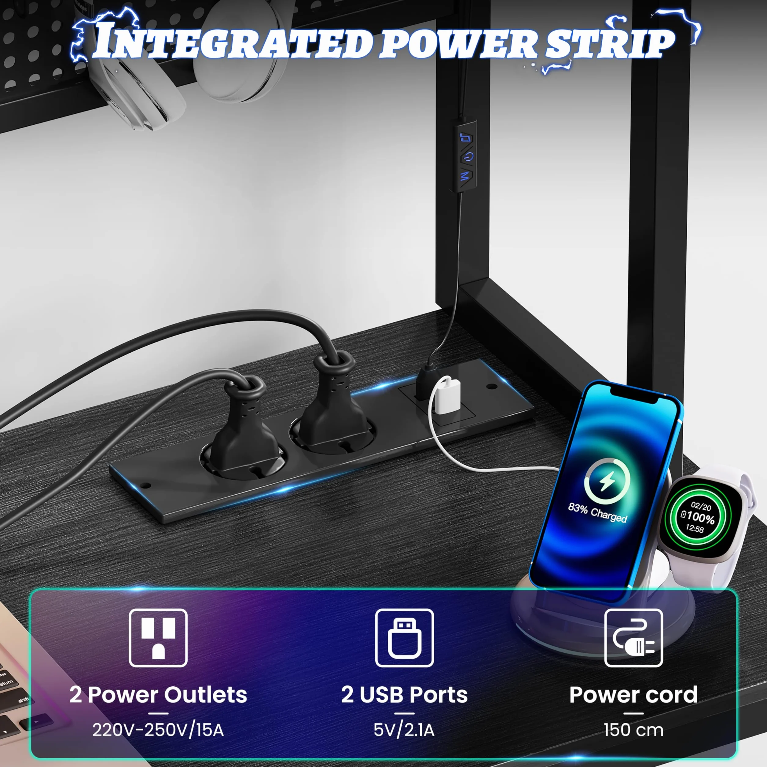 YOUDENOVA biurko narożne gamingowe z perforowaną ścianką 155 x 100 cm z gniazdkami i USB
