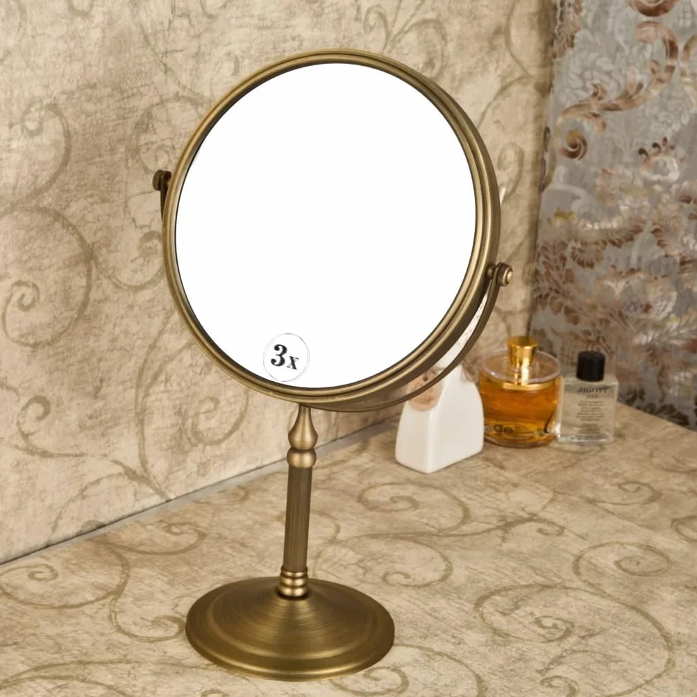 Weare Home Okrągłe lustro retro z mosiądzu, antyczne lusterko kosmetyczne, dwustronne, 3-krotne powiększenie, obracane o 360°, lusterko do makijażu do domu