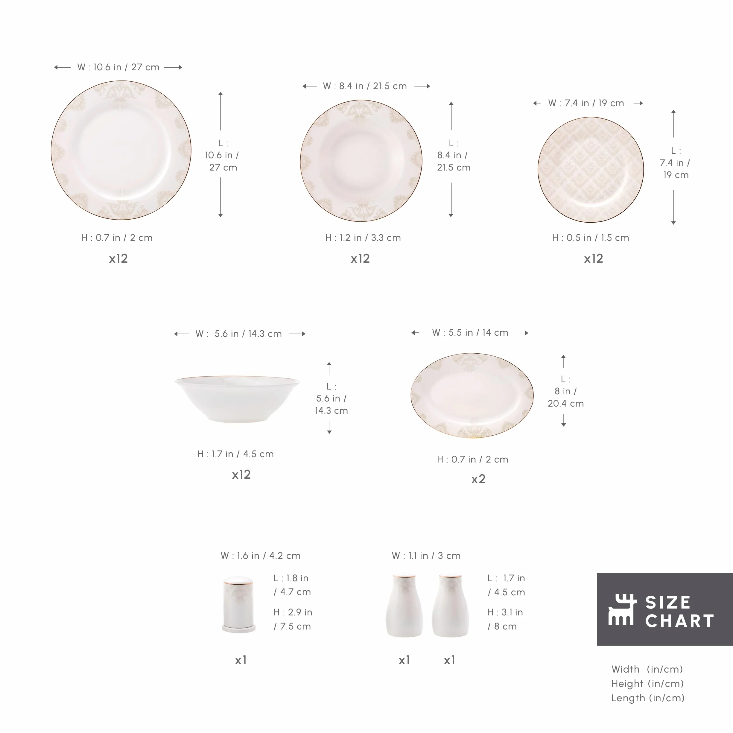 Karaca Siena 53-częściowe porcelanowe zestawy obiadowe z talerzami obiadowymi i deserowymi, miseczkami i uchwytem, porcelana kostna, zestawy obiadowe dla 12 osób (biała)