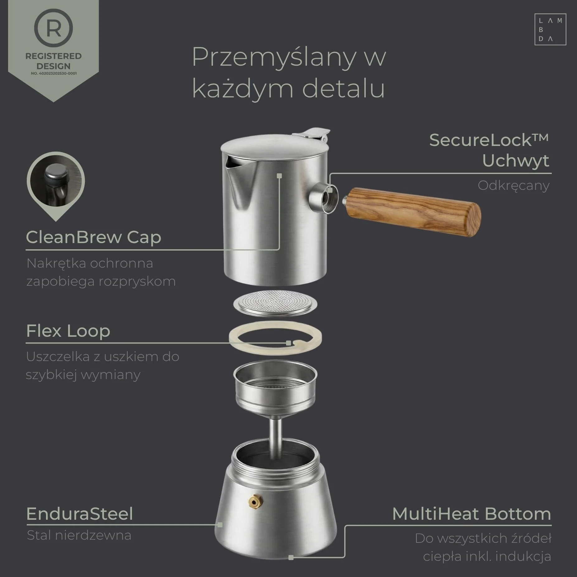 LAMBDA COFFEE VESUV zaparzacz do espresso ze stali nierdzewnej, nadaje się do kuchenek indukcyjnych, do użytku wewnątrz i na zewnątrz (200 ml – 3-4 filiżanki), dzbanek do kawy, indukcyjny