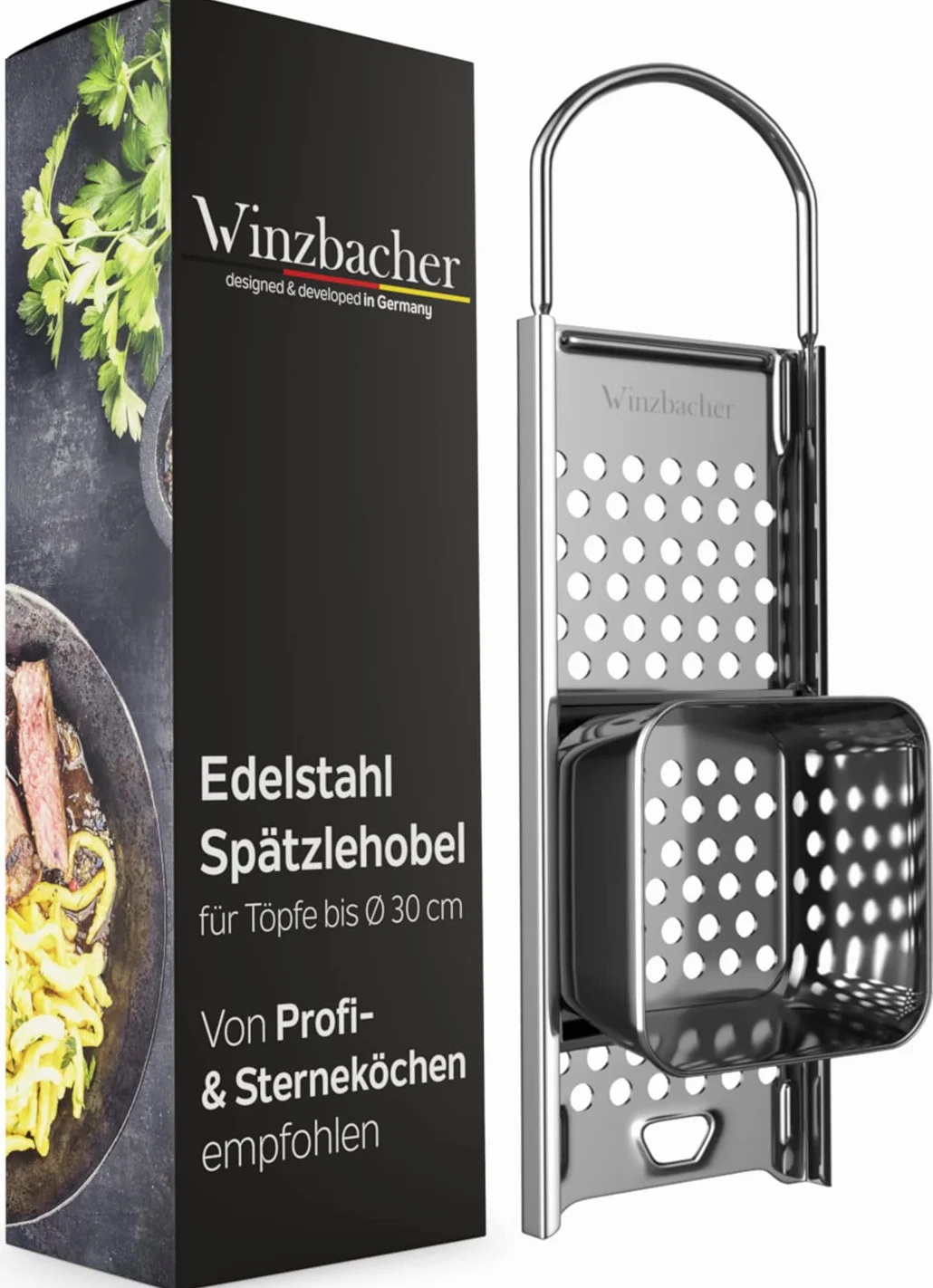 Winzbacher Szpatułka ze stali nierdzewnej z saniami do ciasta [garnek Ø 16-30 cm] nadaje się do mycia w zmywarce | nierdzewna | tarka do szpeclera, sitko do szpecli, prasa do szpecli i guzików