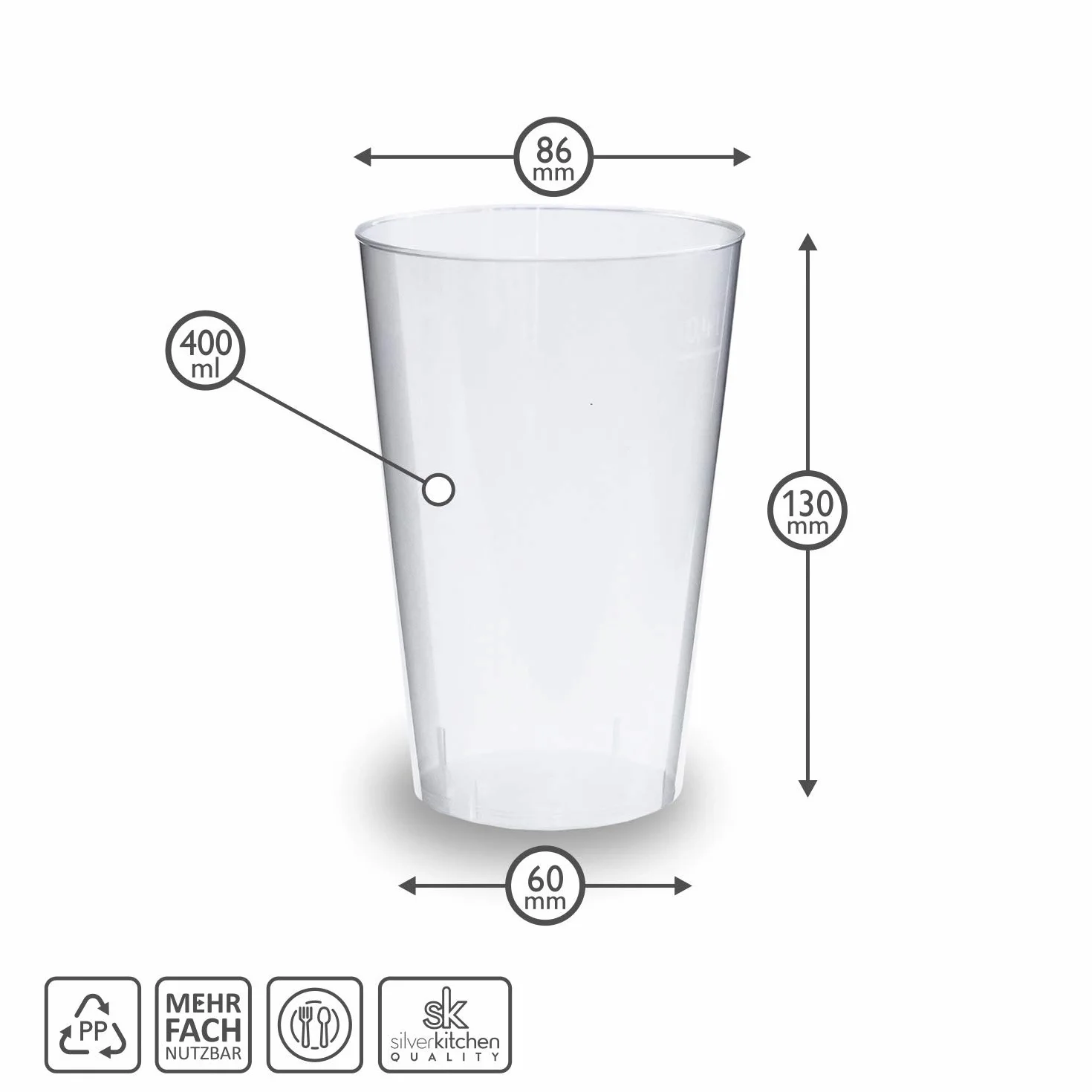 Kubki do picia z twardego plastiku, przezroczyste, 400 ml, 40 sztuk + 4 dodatkowe kubki (1 opakowanie)