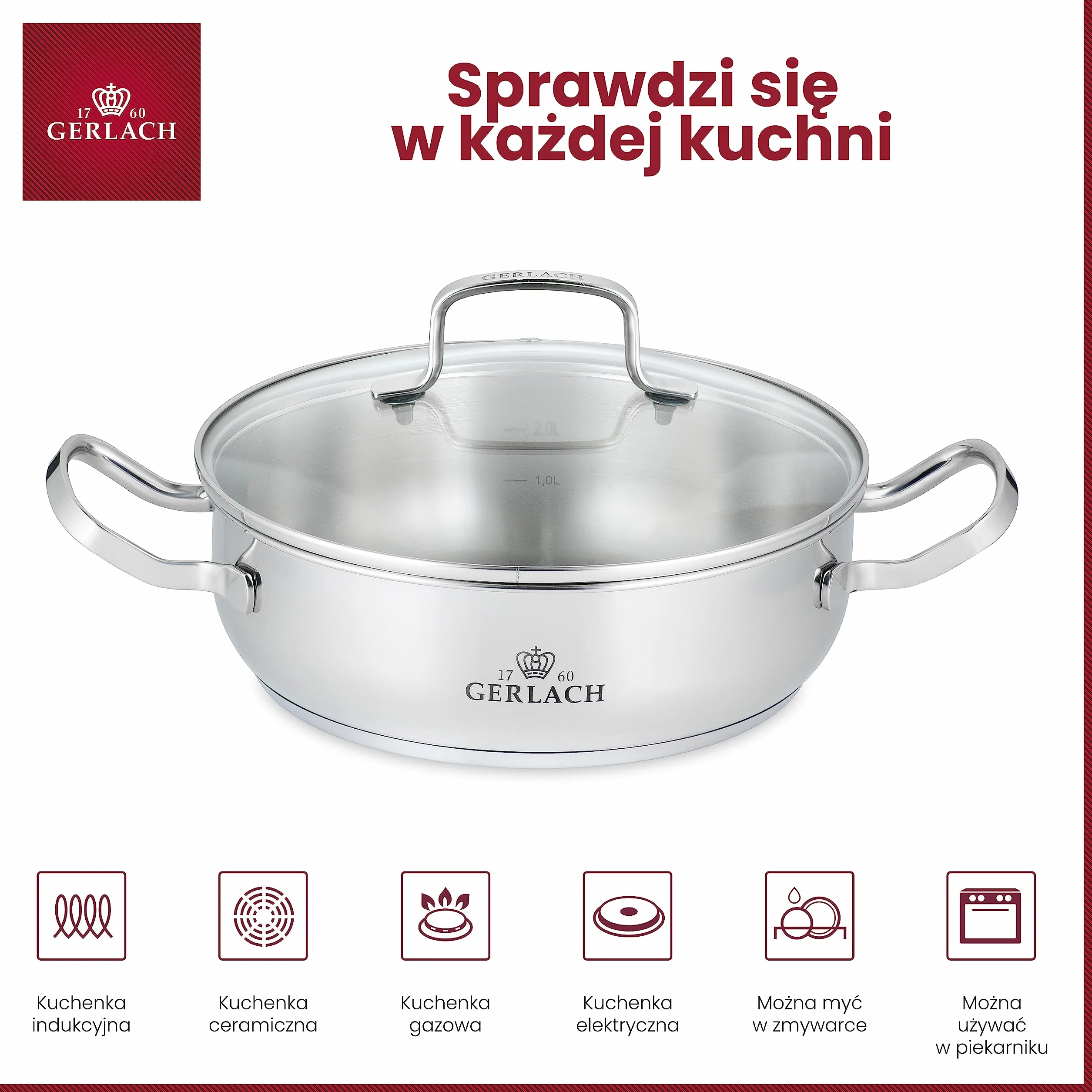 Gerlach Garnek Simple 2L Ze Stali Nierdzewnej Z Pokrywką Ze Szkła Hartowanego Trójwarstwowe Dno Indukcja Kuchenka Gazowa Elektryczna Ceramiczna Piekarnik