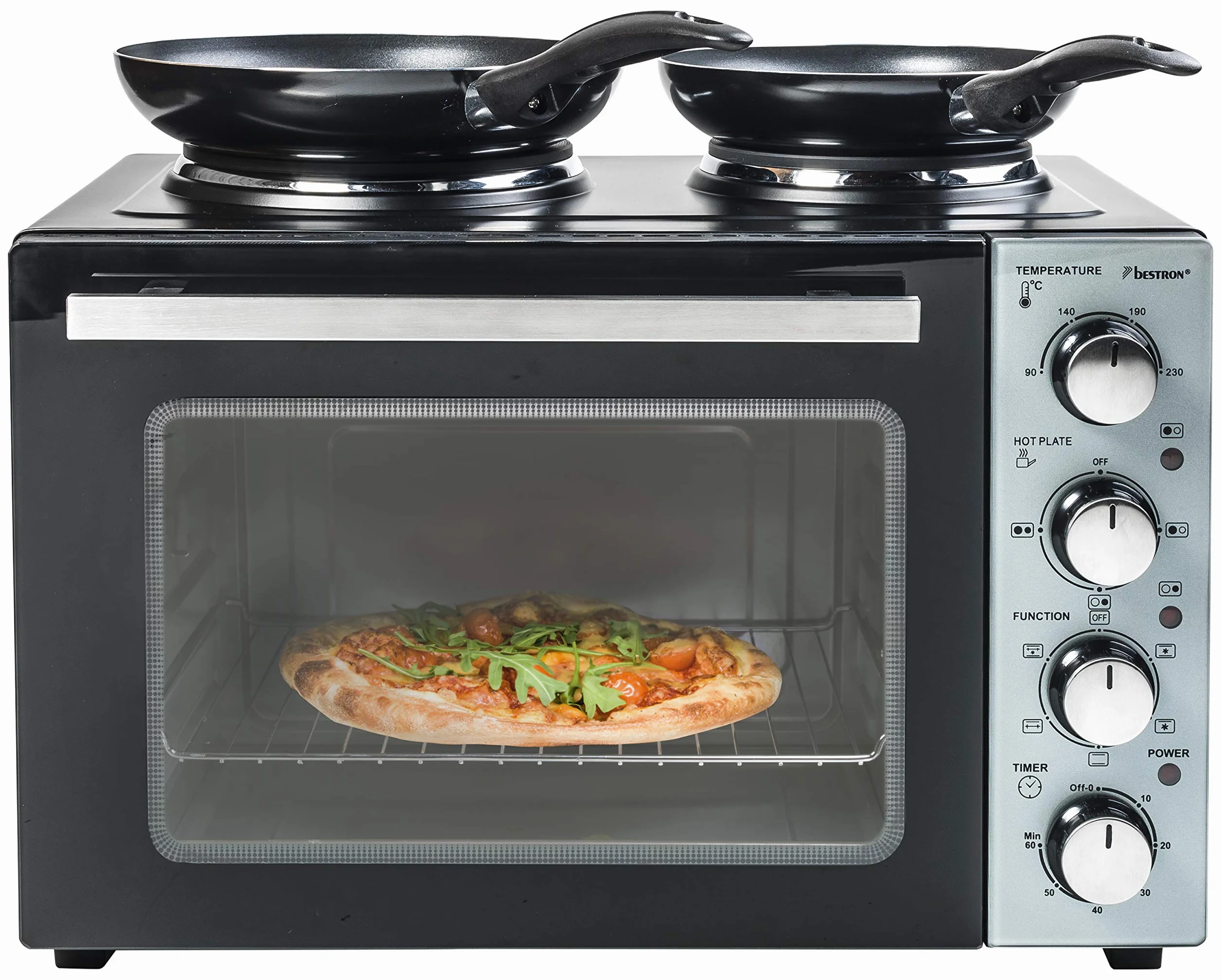 Bestron AOV31CP mała kuchnia, mini piekarnik z podwójną płytą grzewczą, górna/dolna grzałka z funkcją obiegu powietrza do 230°C, 3200 W, czarny