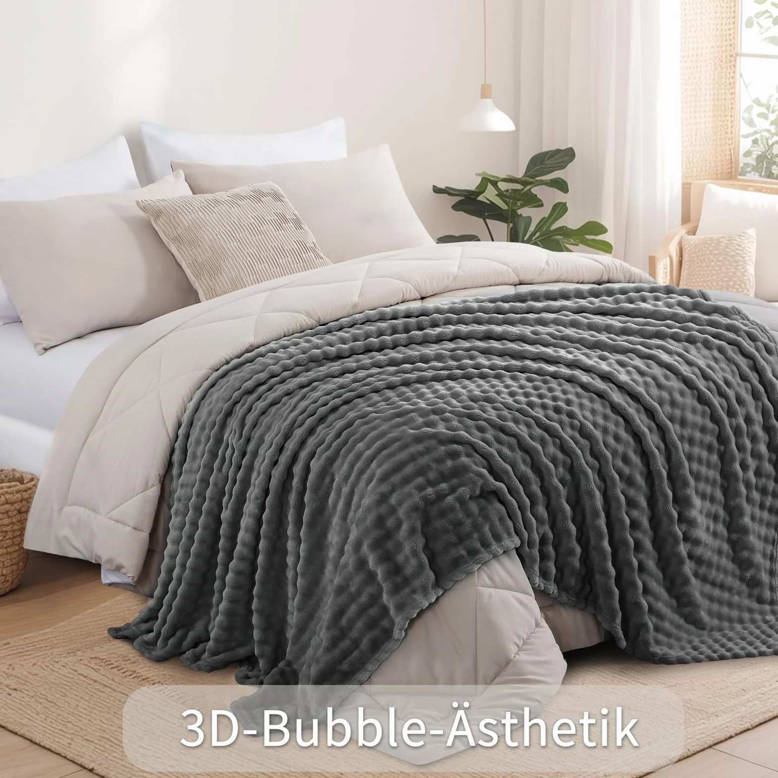 RUIKASI Przytulny koc, szary, bąbelkowy koc – 220 x 240 cm XXL, koc na sofę i kanapę, z pluszu, ciepły polar do salonu, dekoracyjny koc, gruby koc do mieszkania
