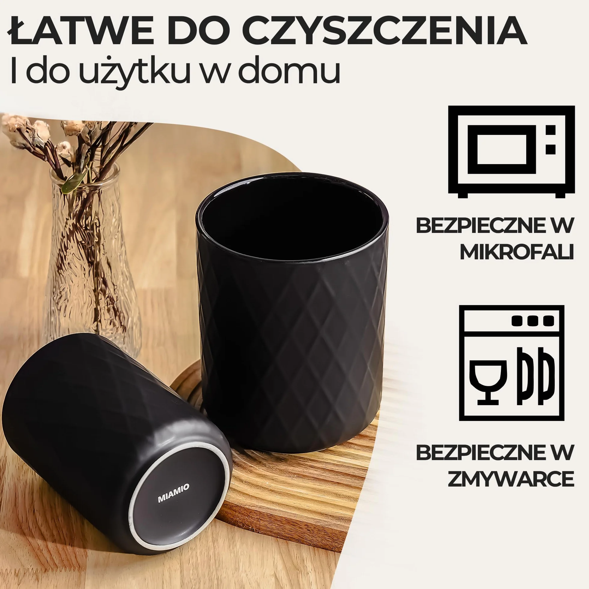 MIAMIO – Pojemnik na Przybory Kuchenne Ceramiczny / Zestaw Organizatorów Kuchennych, Dekoracja Wiejska do Organizacji Blatu i Przechowywania Sztućców, Łyżek Kuchennych (Czarny)