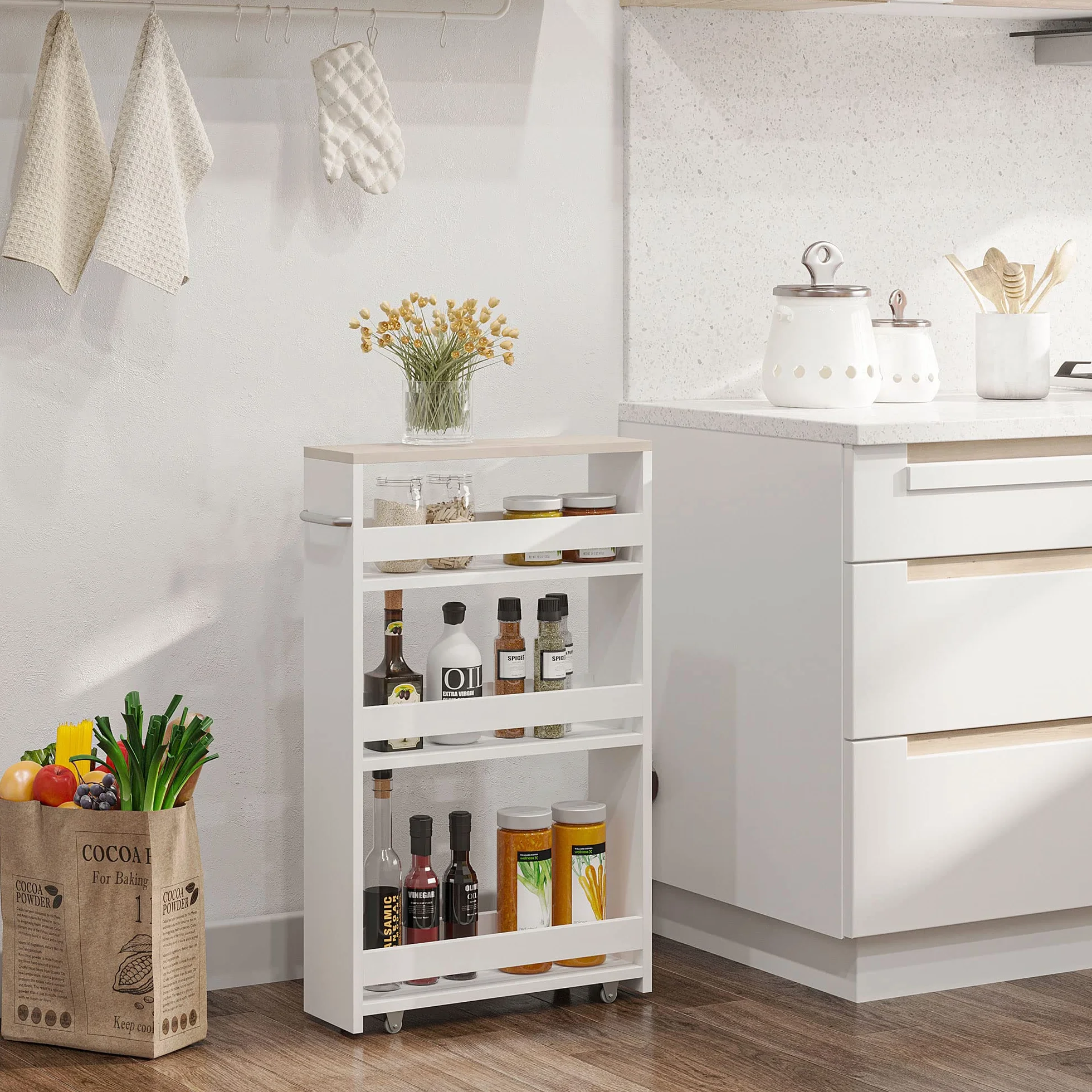 kleankin Wózek do przechowywania, 3-poziomowy, wózek magazynowy, regał na kółkach, do wąskiej kuchni, łazienki, pralni, biura, z uchwytem, 48 x 15 x 80 cm, biały