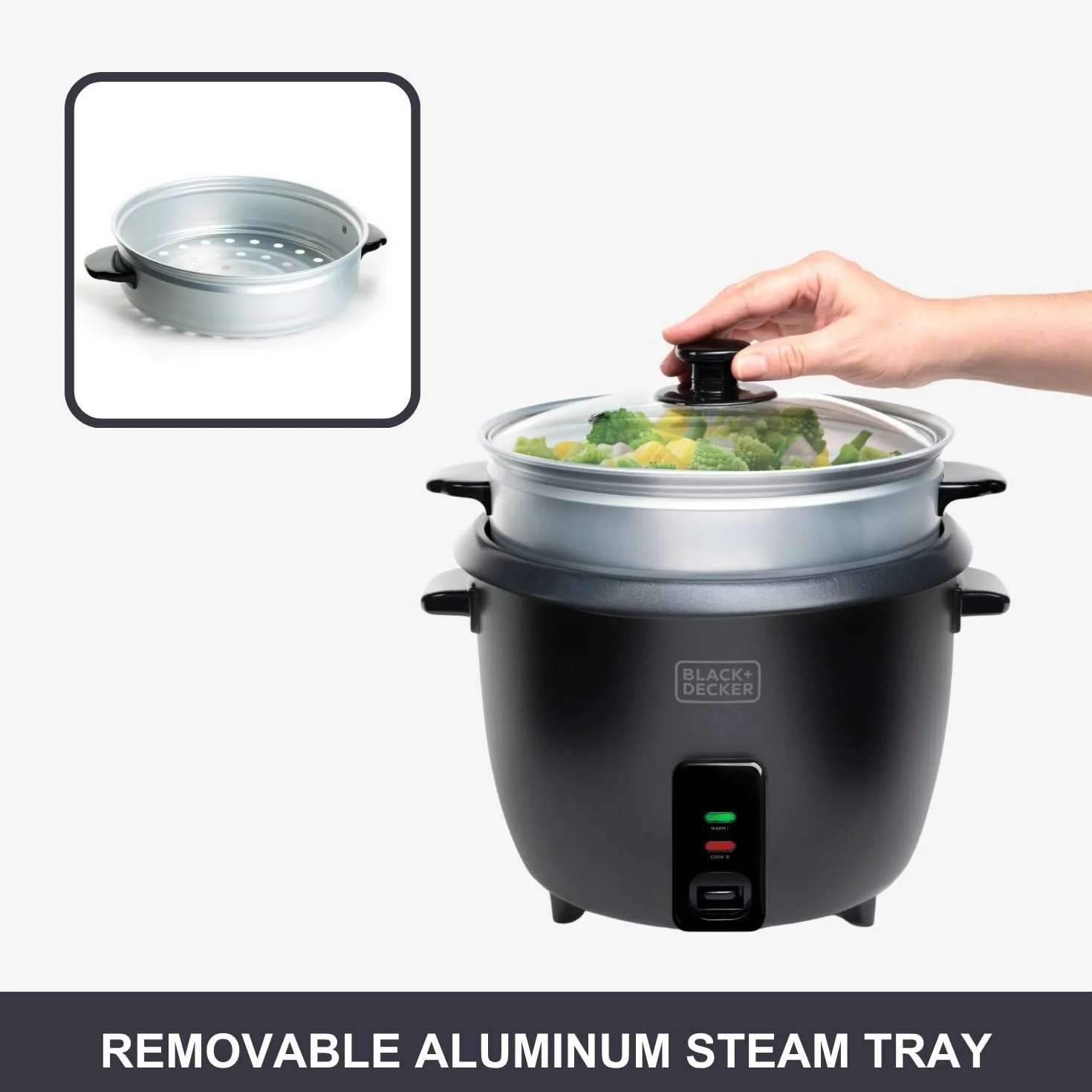 BLACK+DECKER Szybkowar do ryżu | BXRC1800E | 700 W | pojemność 1,8 litra | powłoka nieprzywierająca | funkcja gotowania i utrzymywania ciepła | akcesoria do gotowania na parze | biały