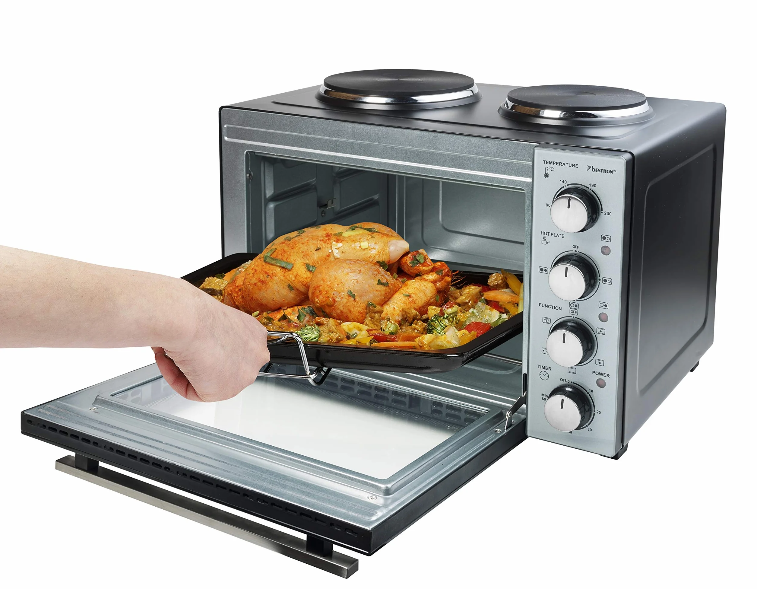 Bestron AOV31CP mała kuchnia, mini piekarnik z podwójną płytą grzewczą, górna/dolna grzałka z funkcją obiegu powietrza do 230°C, 3200 W, czarny