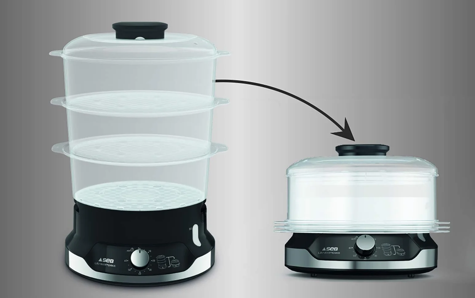 Tefal VC2048 Ultracompact parowar | system przechowywania w stos | zdrowe gotowanie | 3 nasadki bez BPA | timer 60-minutowy | napełnianie podczas gotowania | pojemność 9 l | w zestawie wkład do ryżu |