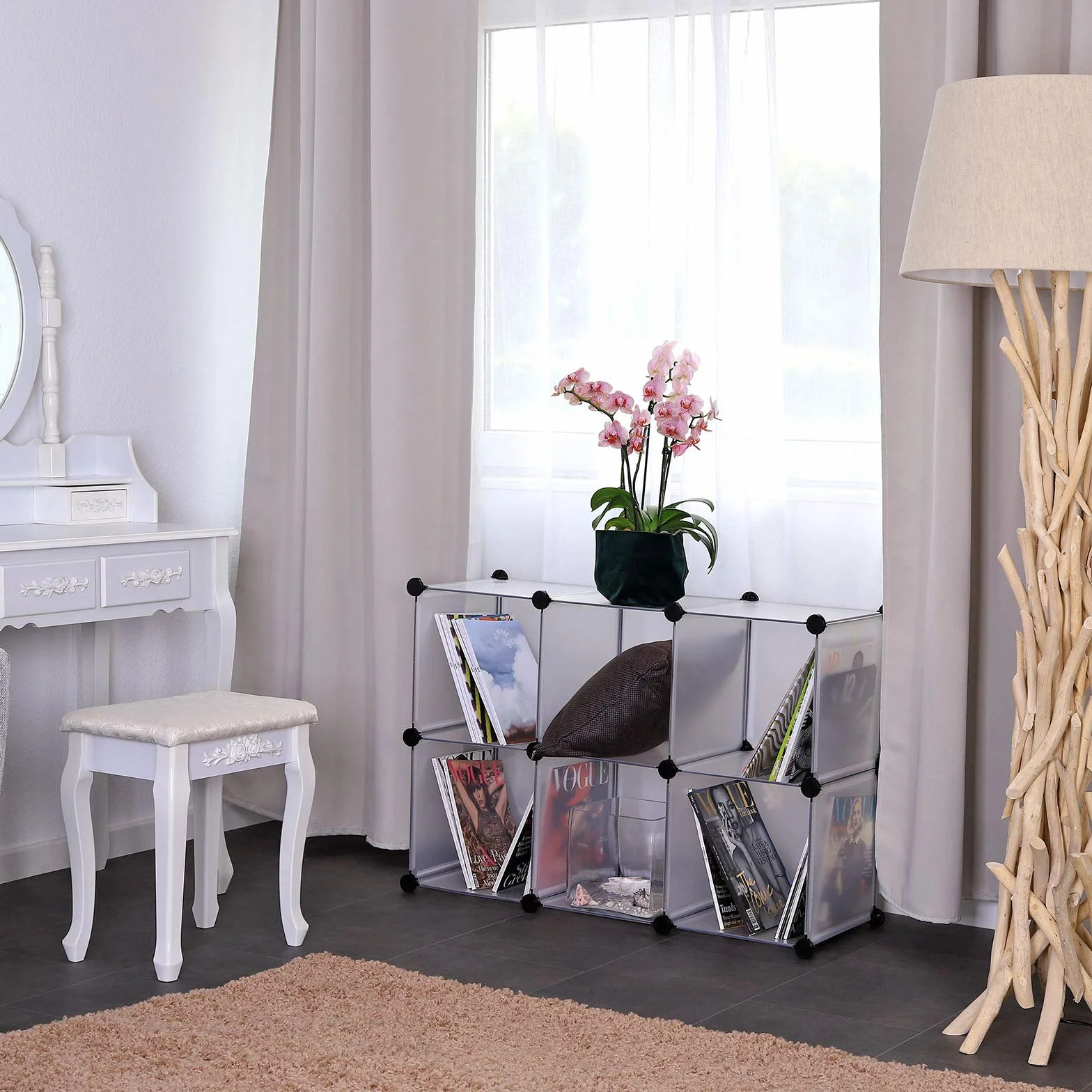 dibea Regał z przezroczystego tworzywa, Modułowy regał do przechowywania z 6 półkami 30x30 cm, rozszerzalny regał schodkowy z przestronnymi kostkami