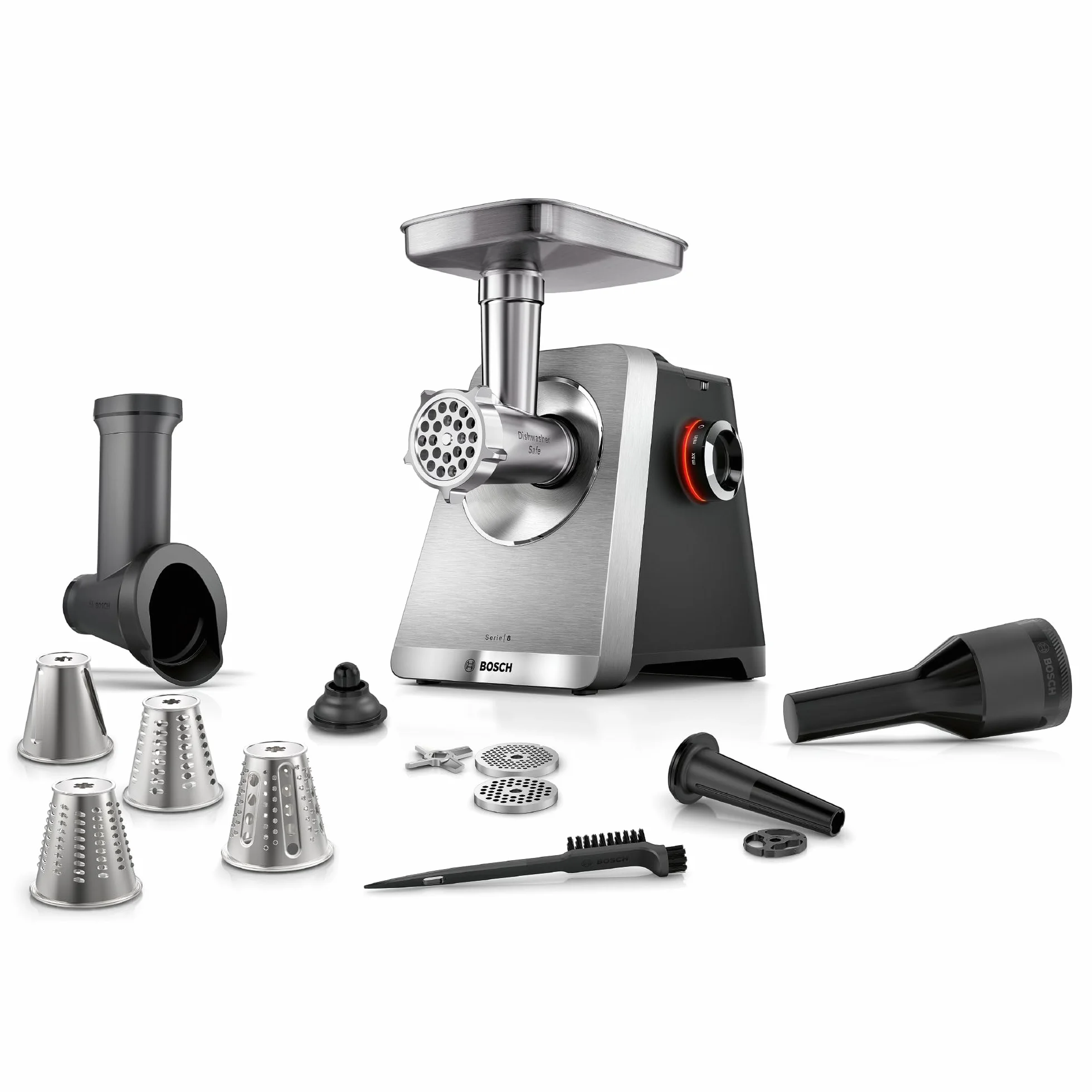 Bosch MultiPower Serie 8, maszynka do mielenia mięsa, moc blokowania silnika do 2500 W, młynek do mięsa, szatkownica, nasadka do kiełbas i kebbe, czarna, MFWS840M