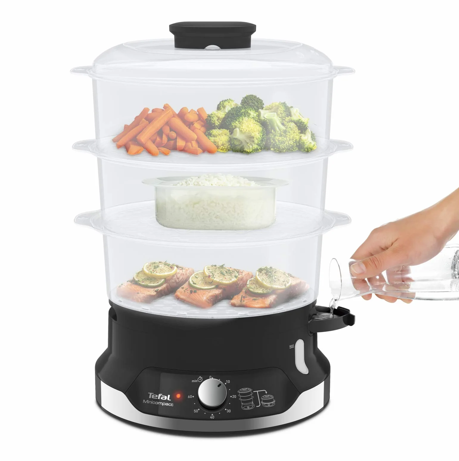 Tefal VC2048 Ultracompact parowar | system przechowywania w stos | zdrowe gotowanie | 3 nasadki bez BPA | timer 60-minutowy | napełnianie podczas gotowania | pojemność 9 l | w zestawie wkład do ryżu |