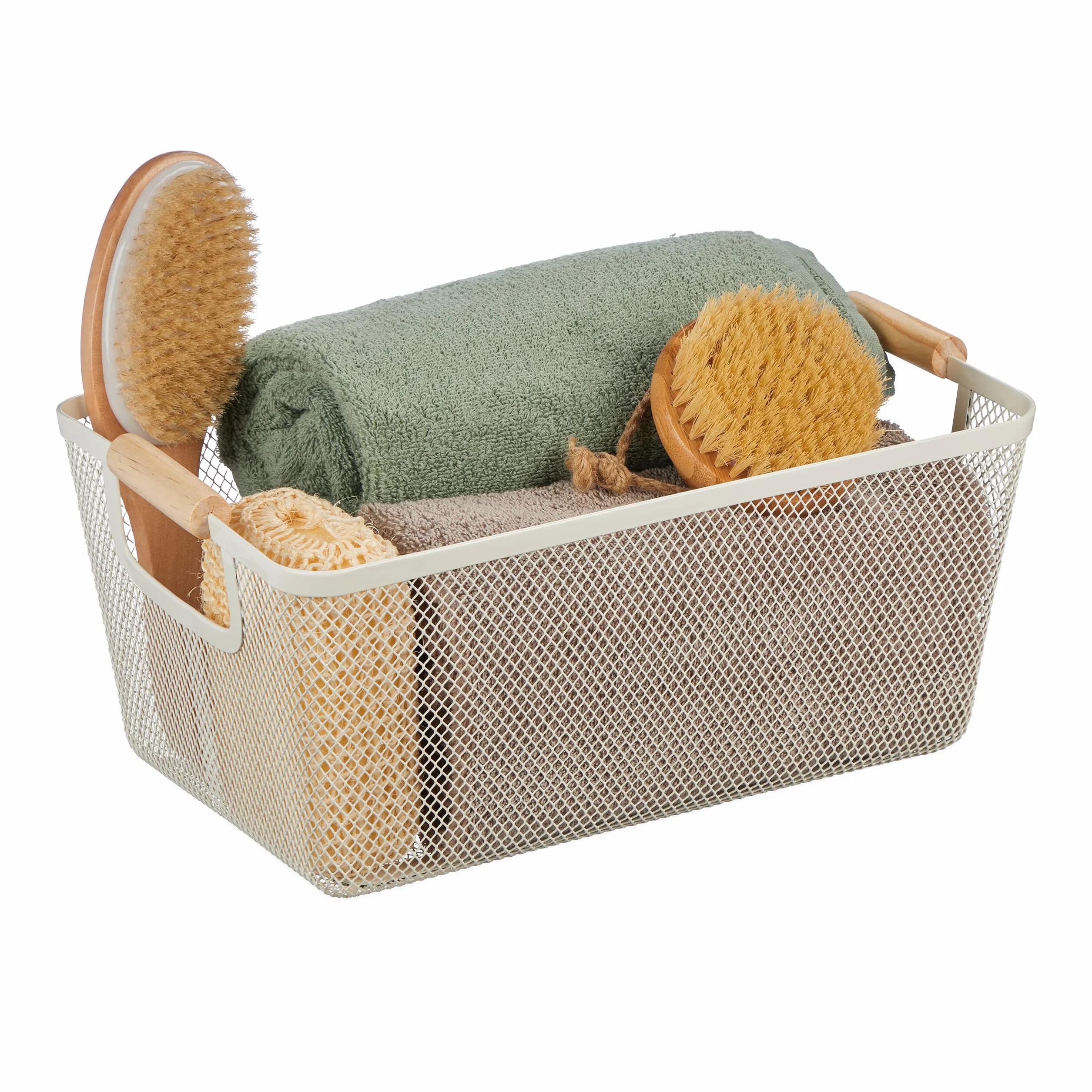 Relaxdays Kosz druciany z drewnianymi uchwytami, prostokątny, kosz do przechowywania, metalowy, (wys. x szer. x gł.): 16,5 x 37 x 22,5 cm, kosz do kuchni i łazienki, biały