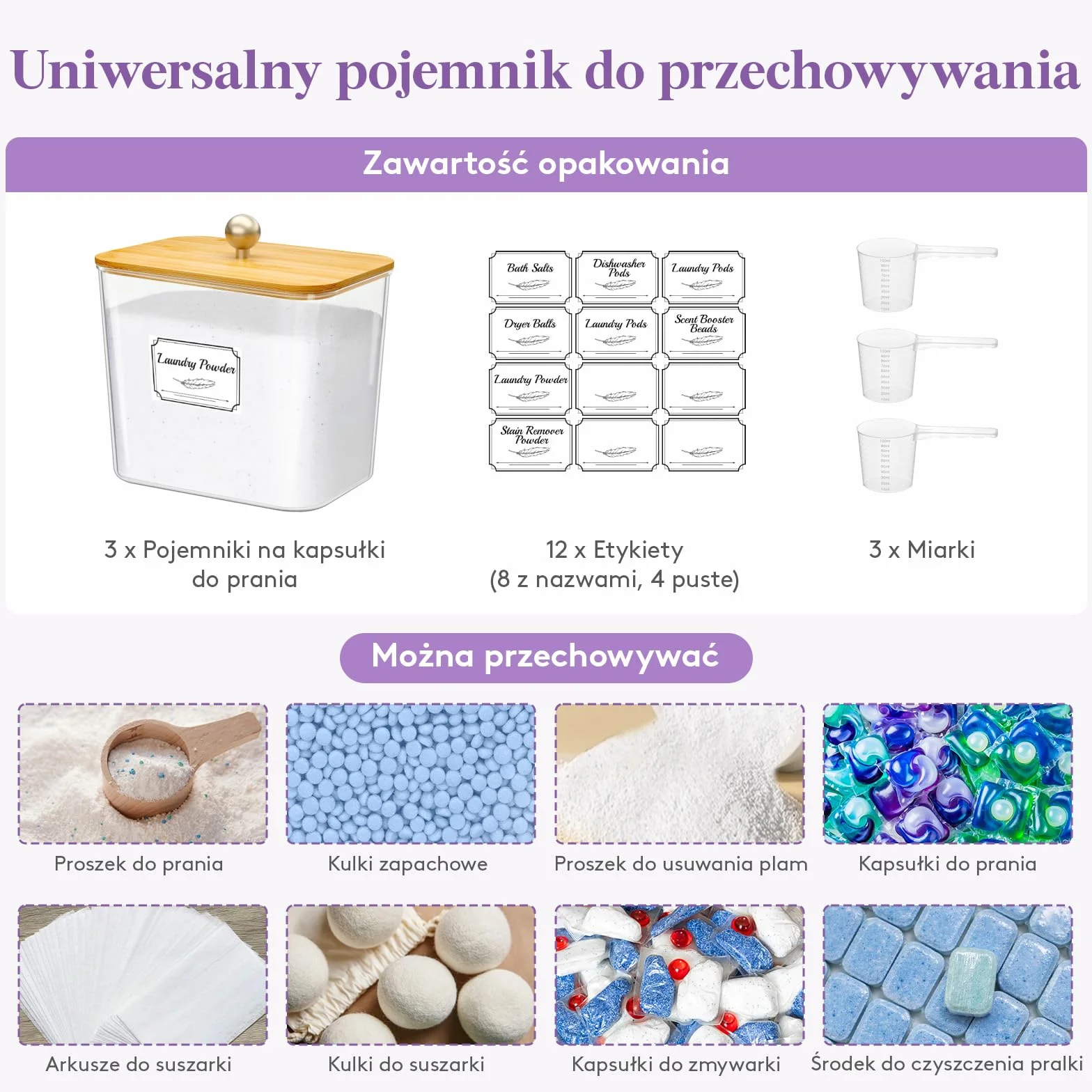 Lifewit Zestaw 3 Pojemników Kapsułki z Etykietami i Lyżeczkami, Pojemnik Proszek do Prania z Bambusową Pokrywką, Pudełko Proszek, Pojemnik do Przechowywania w Pralni