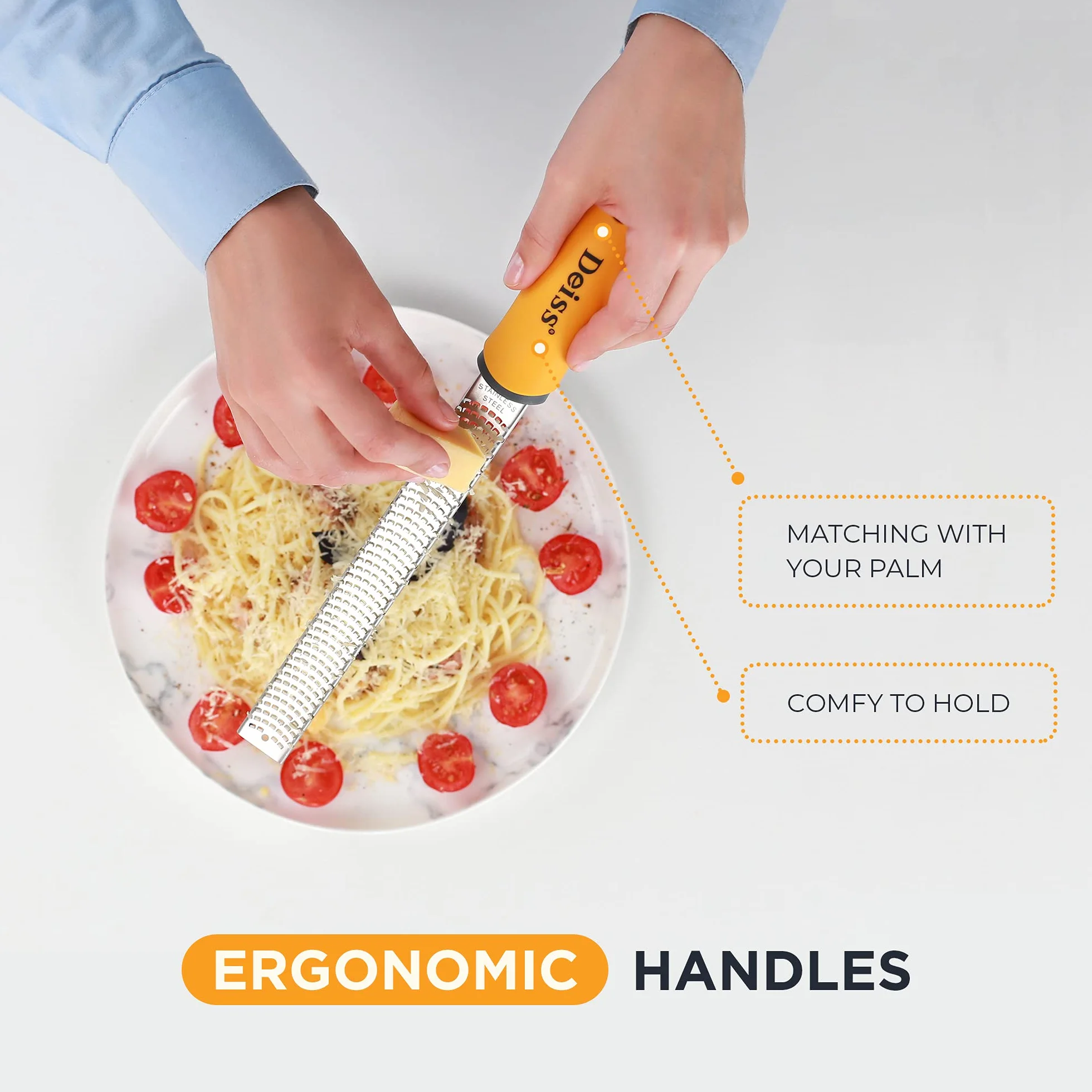 Deiss PRO Citrus Zester & Tarka do sera - Parmezan, Cytryna, Imbir, Czosnek, Czekolada, Warzywa, Owoce - Ostre jak brzytwa ostrze ze stali nierdzewnej - Przystosowane do mycia w zmywarce (ORANGE)
