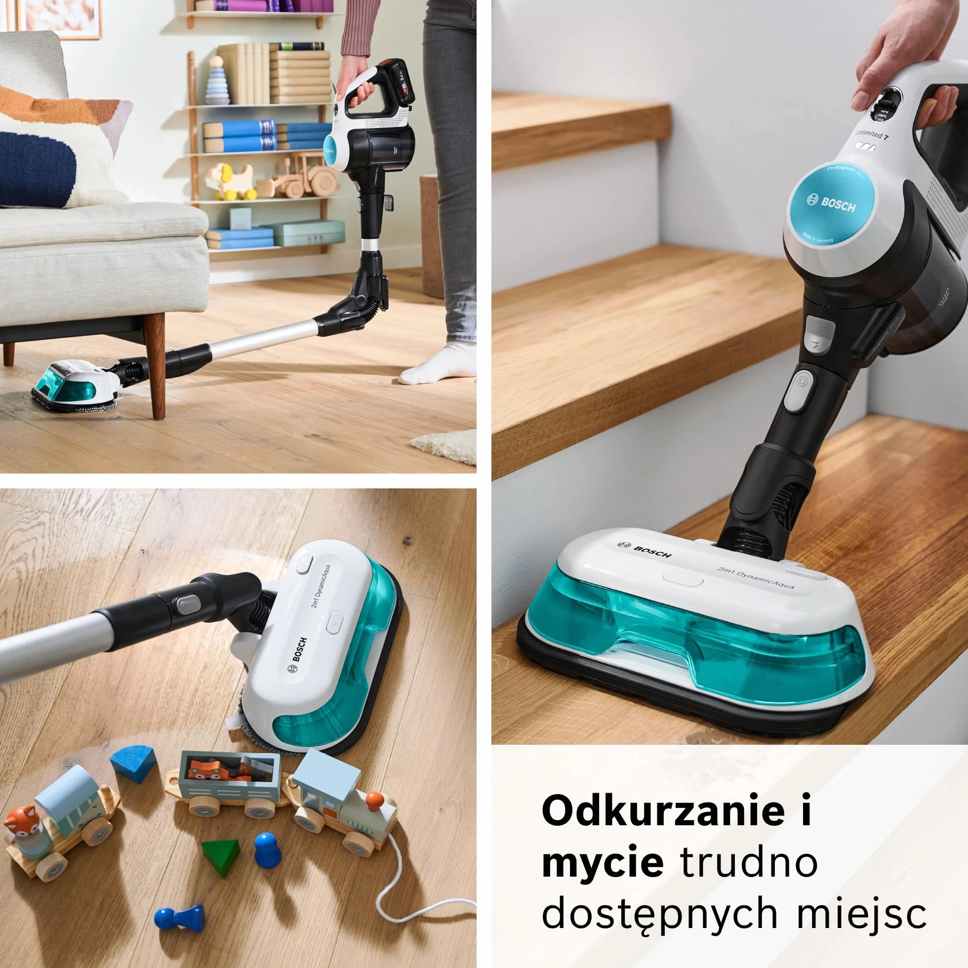 Bosch Unlimited 7 ProHygienic Aqua, Odkurzacz Bezprzewodowy 2w1 z Funkcją Mycia, DynamicAqua Mop, Elektroszczotka do Wszystkich Podłóg, Kolor Biały, BCS71HYG2
