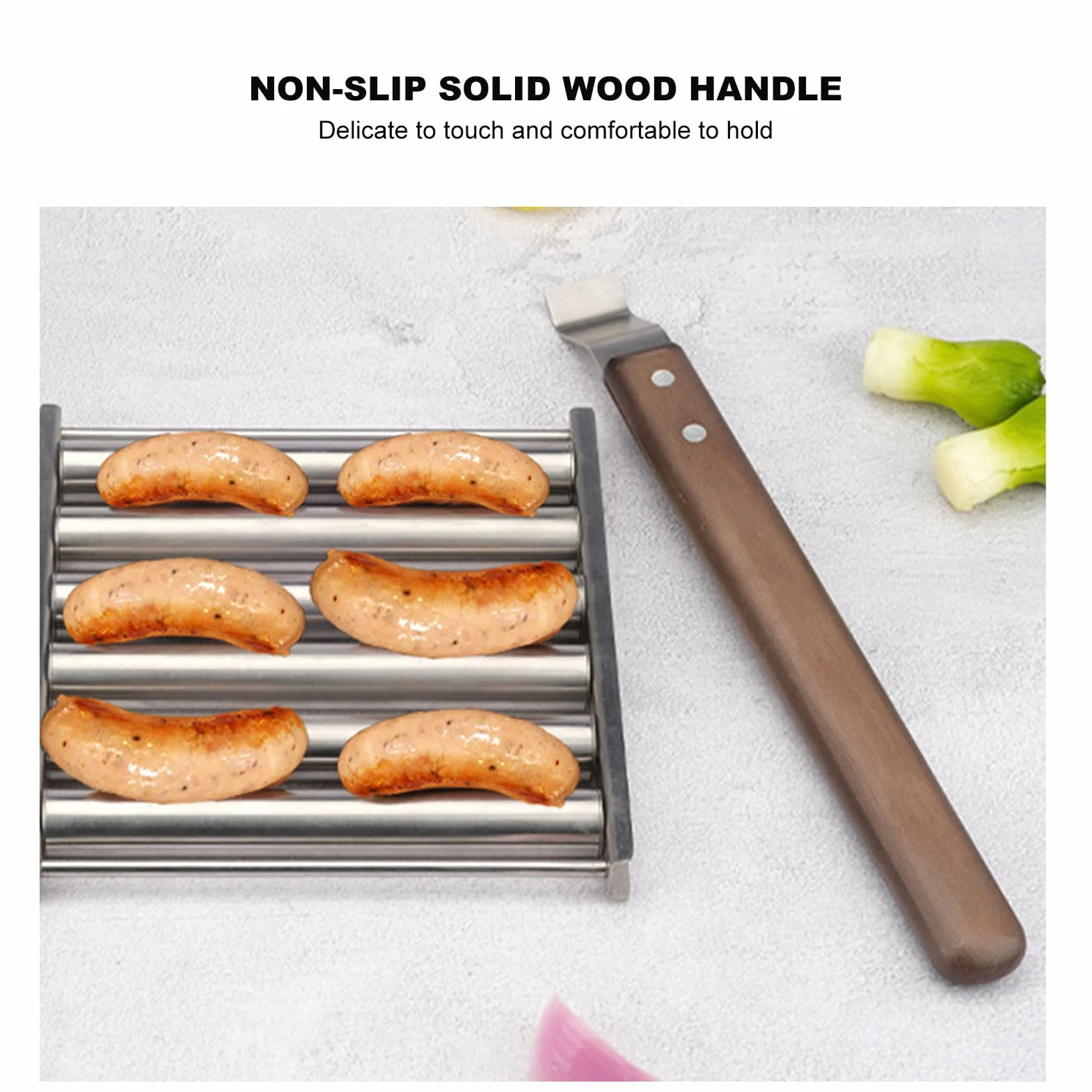 Hot Dog Roller dla Girll, Odłączany Stojak na Kiełbaski Hot Dog ze Stali Nierdzewnej z Bardzo długą drewnianą rączką BBQ Hot Dog Girller do Równomiernego Gotowania (M)