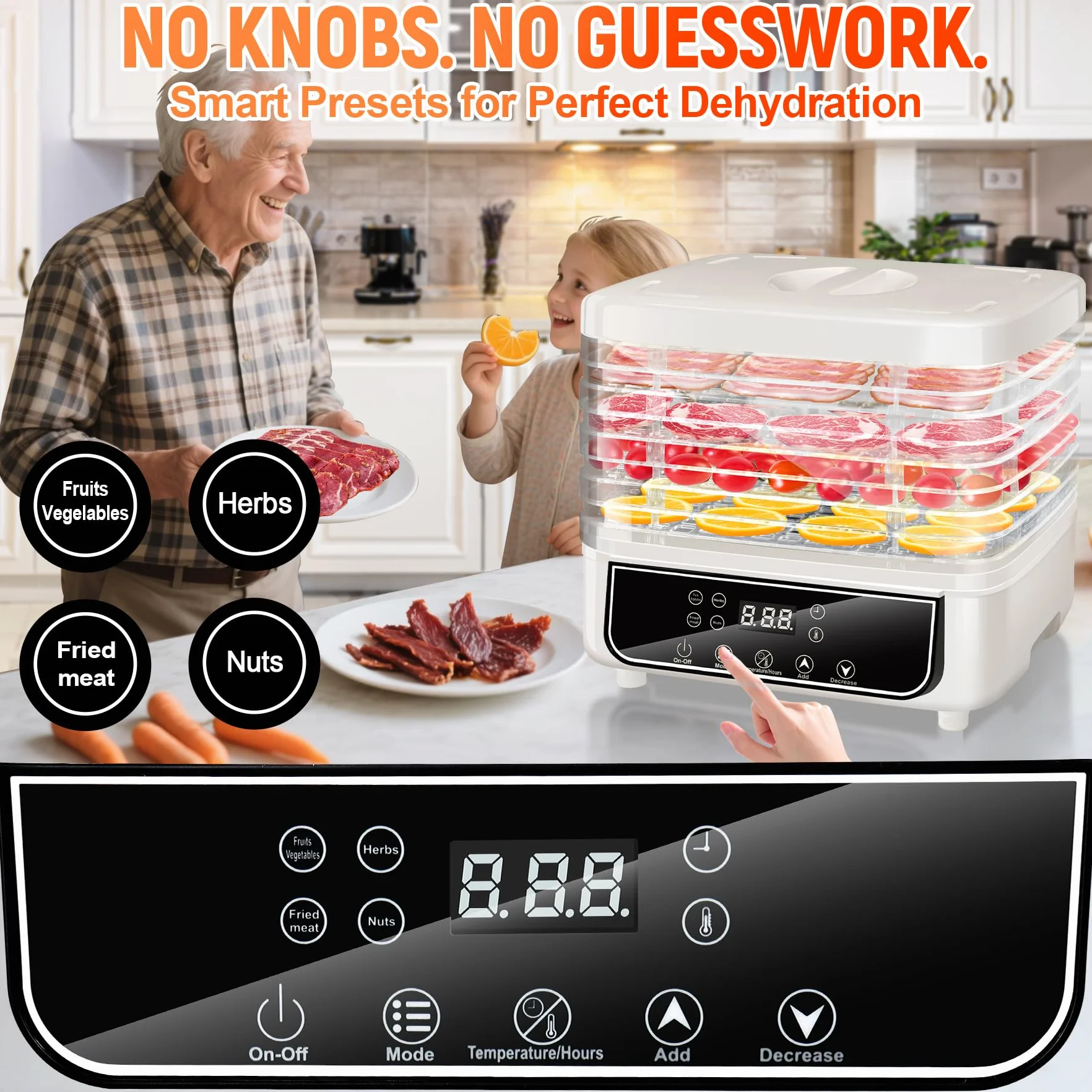 Suszarka z 5 tacami, suszarka do żywności z regulatorem temperatury 35-70°C i timerem 24h, wyświetlaczem LED, suszarką do owoców, odwadniacz do mięsa, owoców, warzyw