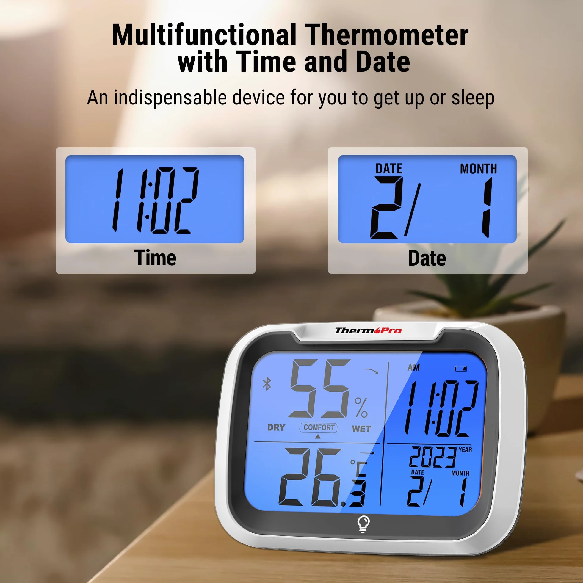 ThermoPro TempPro Termometr wewnętrzny z zegarem domowym, automatyczna synchronizacja danych przez Bluetooth, podświetlany zegar do sypialni, biura