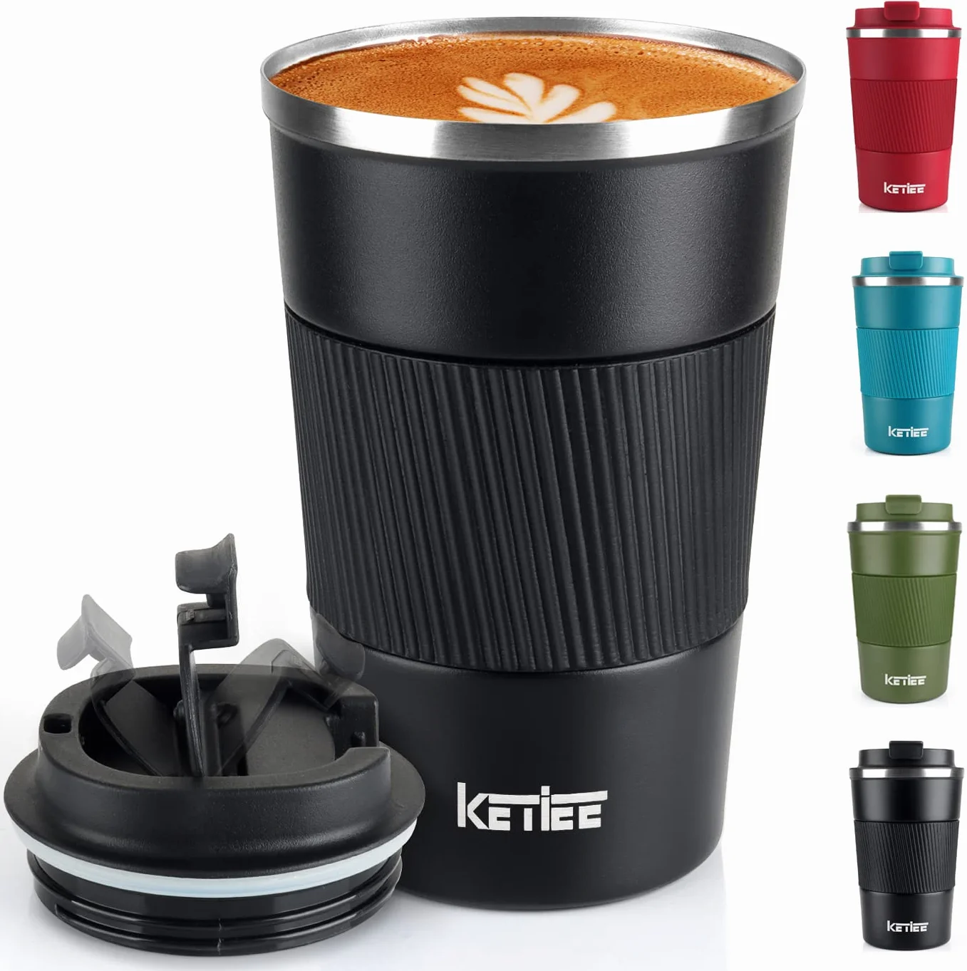 KETIEE Kubek Termiczny 380ml ze Stali Nierdzewnej Podwójne Ścianki Kubek Podróżny do Kawy Czarny