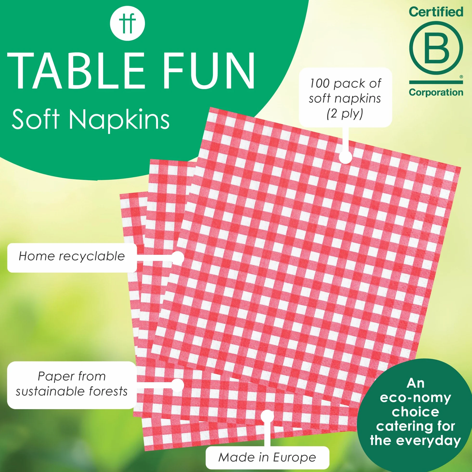 Talking Tables 100 sztuk miękkich papierowych serwetek w czerwoną kratkę na urodziny, wesele, Boże Narodzenie, catering, naczynia, jednorazowe, nadające się do recyklingu, wyprodukowane w UE,