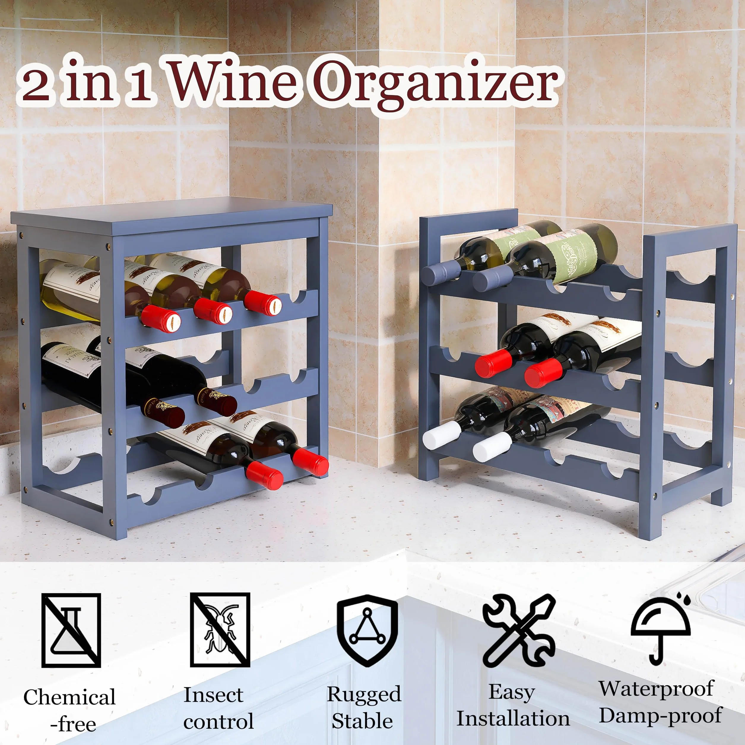 Stojak na wino STELLSTAR, 6-poziomowy bambusowy organizer na 24 butelki, bezuchwytowy stojak do przechowywania wina w kuchni i na stole, szary