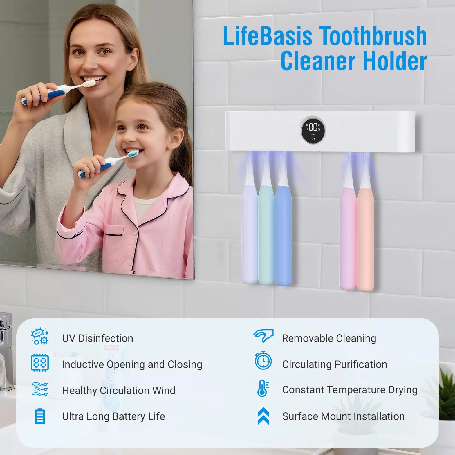 LifeBasis Sanitizer szczoteczka do zębów UV z wyświetlaczem na podczerwień, uchwyt na szczoteczki do zębów do dezynfekcji UV i suszenia, elektryczna szczoteczka do zębów do montażu na ścianie