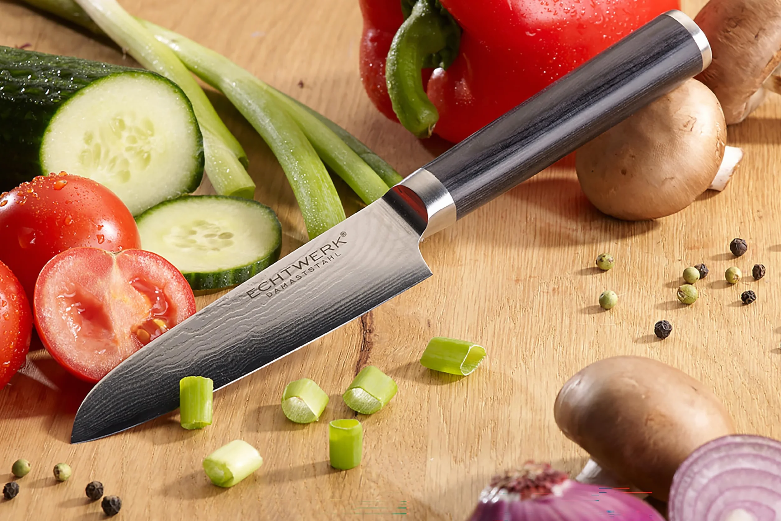 ECHTWERK Nóż damasceński, mały nóż santoku, tradycyjny nóż japoński, nóż szefa kuchni, ostre ostrze do precyzyjnego cięcia mięsa, ryb i warzyw