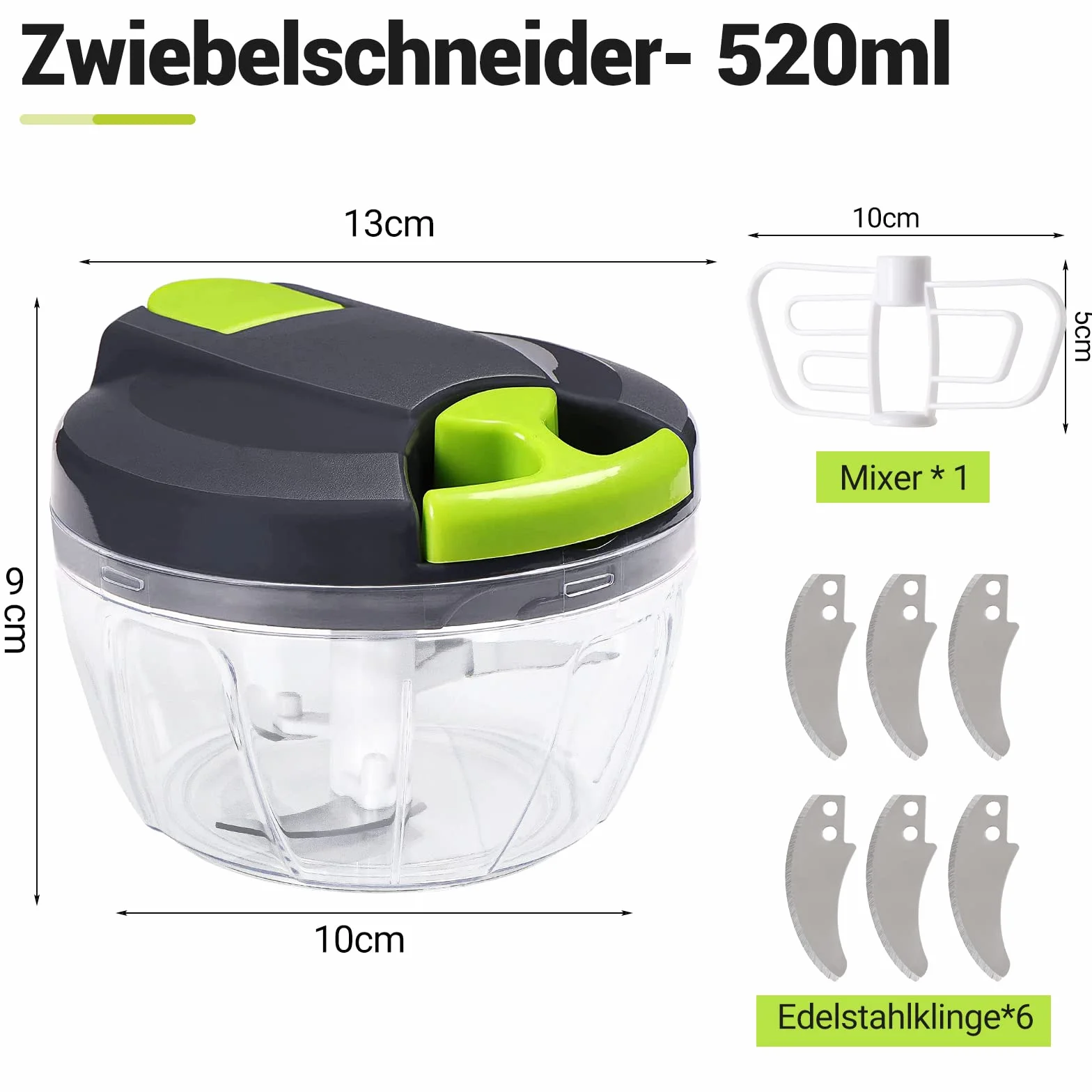 Krajalnica do cebuli, 520 ml Krajalnica do warzyw Ręczny siekacz do cebuli ze wspomaganiem, siekacz do cebuli Siekanie i miksowanie w 10 sekund Dodatkowe 3 ostrza ze stali nierdzewnej i 1 blender