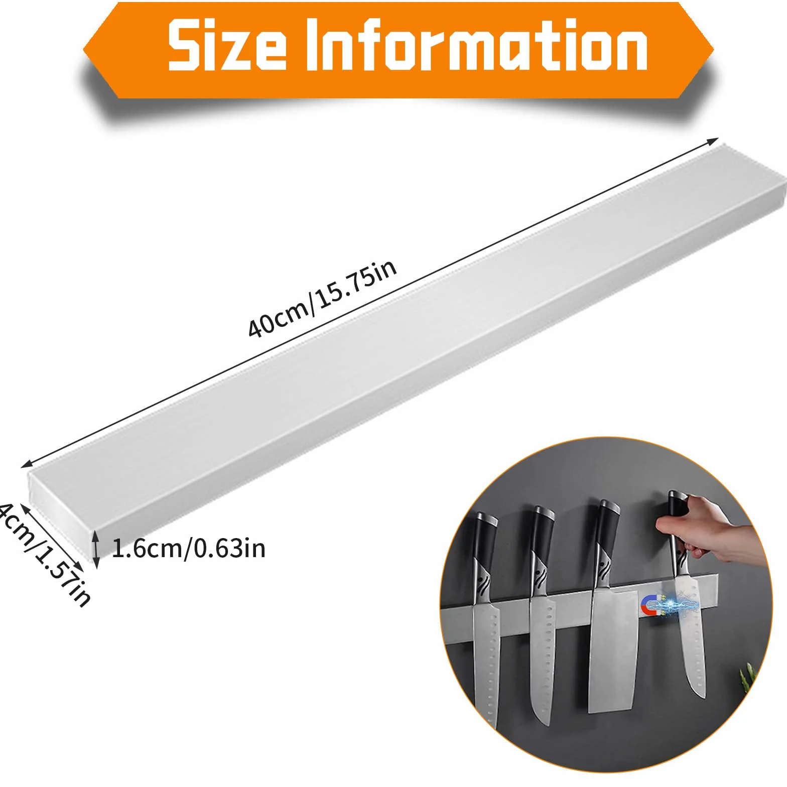 Magnetyczny uchwyt na noże do ściany 40 cm (16 cali), bezpieczny łatwy dostęp do przechowywania noży ze stali nierdzewnej, mocna, samoprzylepna taśma 3M, pasek blokowy, magnes do przyborów kuchennych,