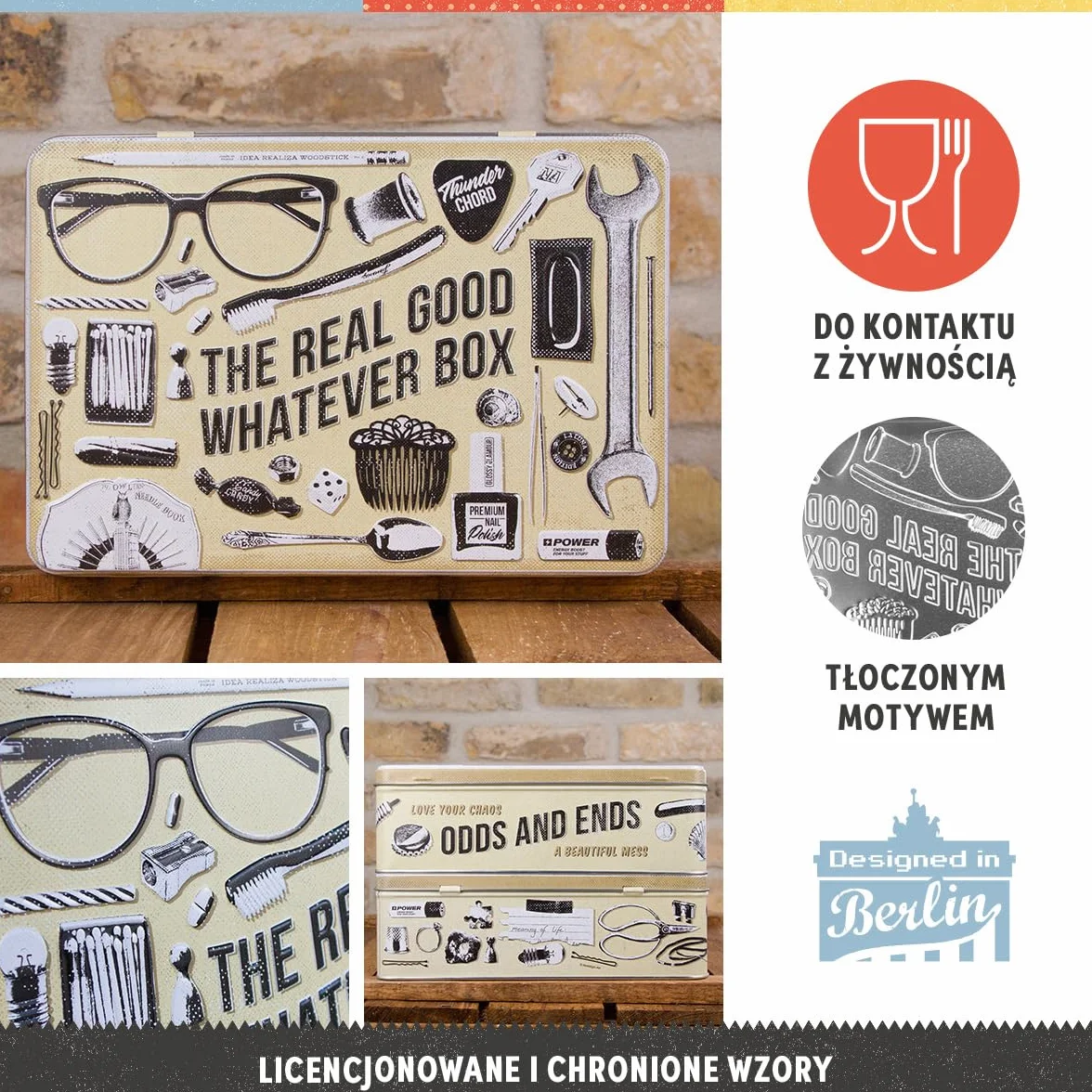 Nostalgic-Art Retro puszka płaska, 2,5 l, Whatever Odds & Ends Box – Pomysł na prezent do domu, metalowy pojemnik z pokrywką, Styl vintage