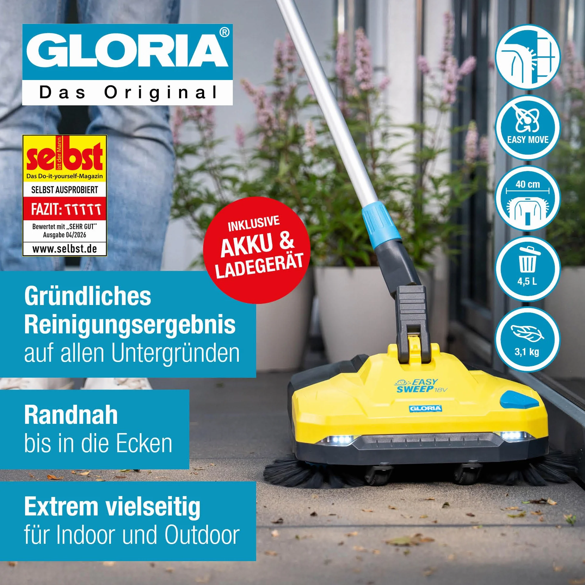 GLORIA Zamiatarka akumulatorowa EasySweep 18 V w zestawie akumulator Bosch 18 V | elektryczna szczotka akumulatorowa i miotła do użytku wewnątrz i na zewnątrz | wjazd, chodnik, taras, garaż i liście |