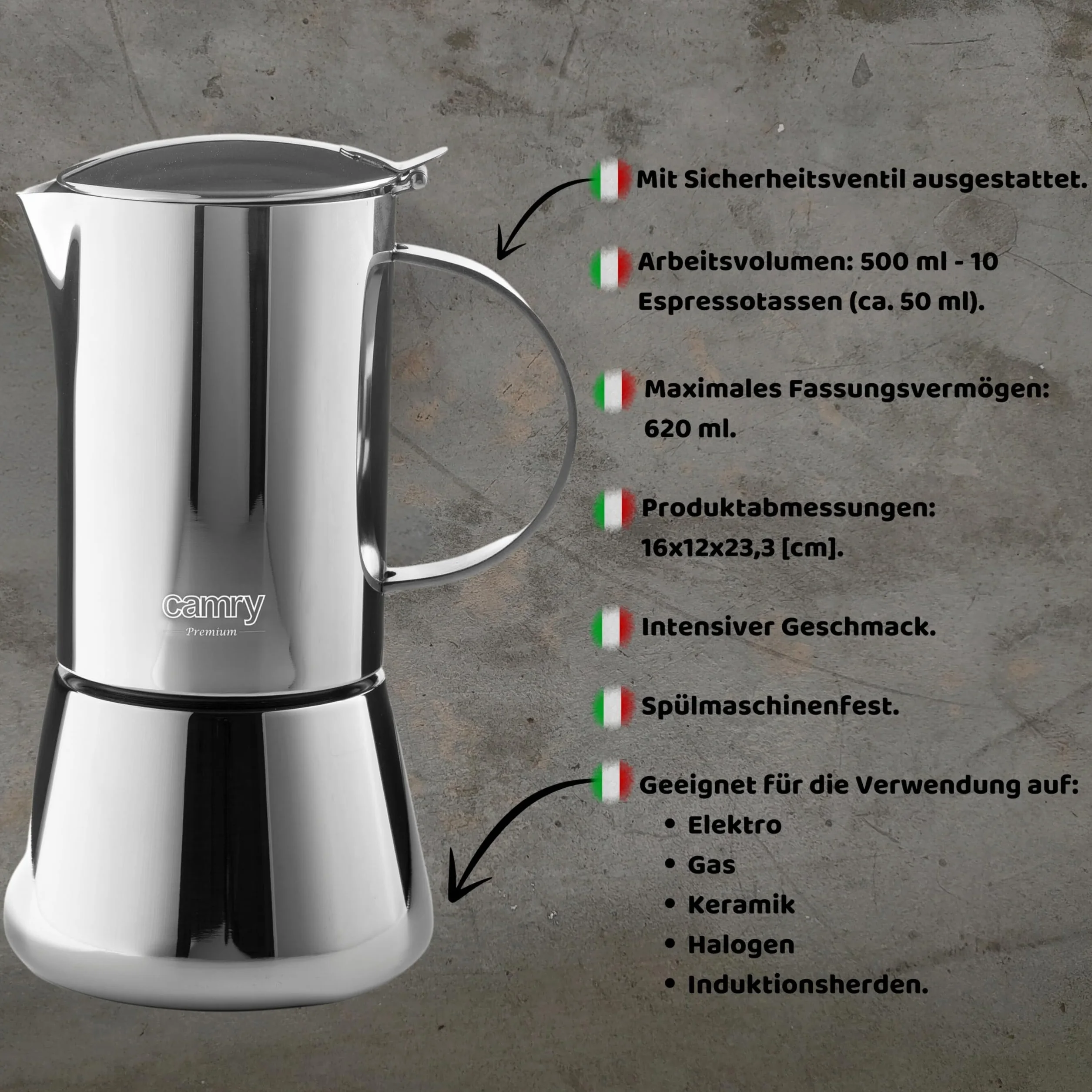 CAMRY - Klasyczny zaparzacz do espresso ze stali nierdzewnej 500 ml - indukcyjny dzbanek do mokki do wszystkich rodzajów płyt grzewczych - przygotowuje 10 filiżanek espresso - izolowany termicznie
