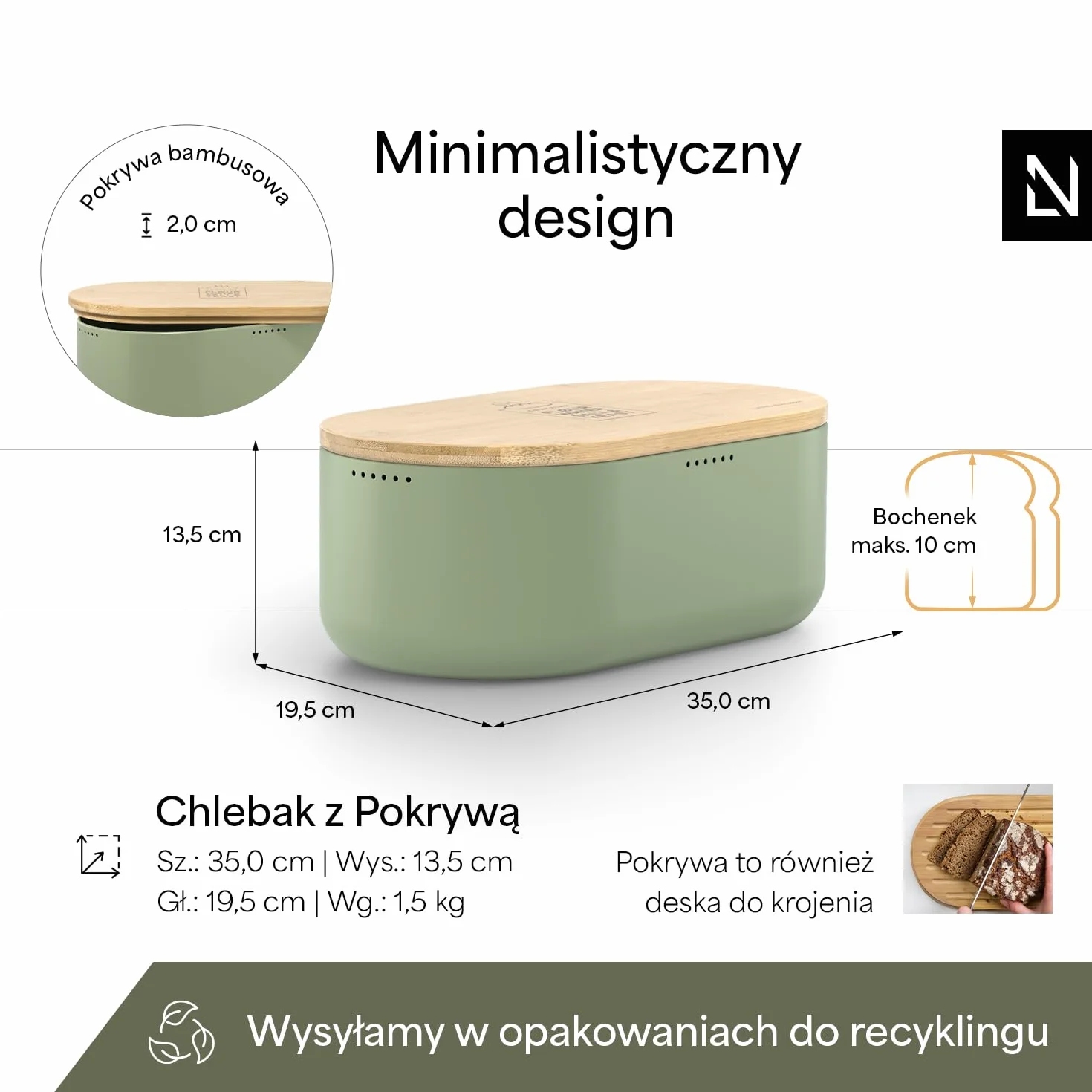 LARS NYSØM Chlebak bambusowy 35x19,5x13,5cm z lnianym workiem Nordic Sage