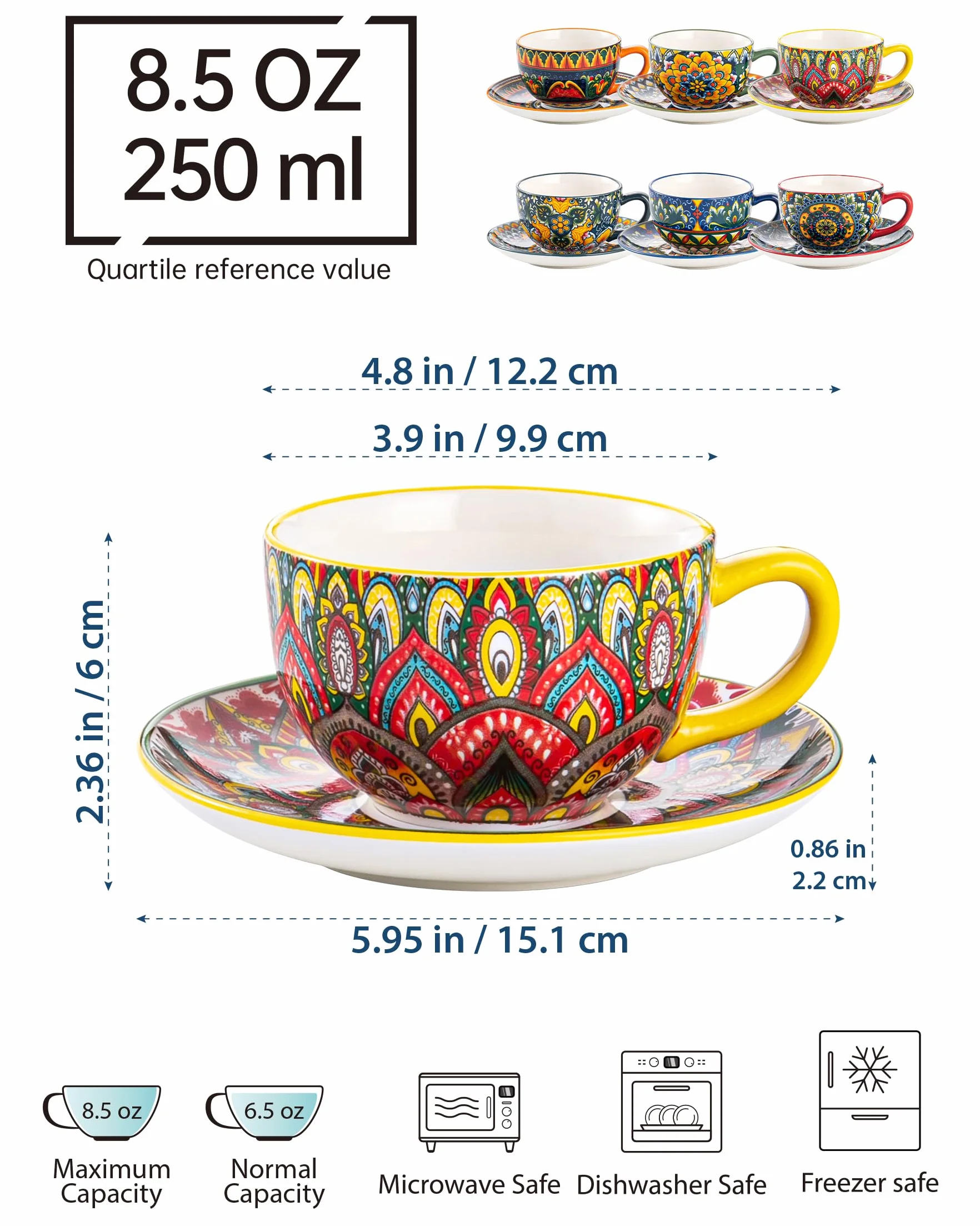 Henten Home Serwis do kawy z porcelany, 12-częściowy zestaw do kawy, kolorowy, ręcznie malowany, zestaw filiżanek do kawy dla 6 osób, zawiera filiżanki do kawy, spodki