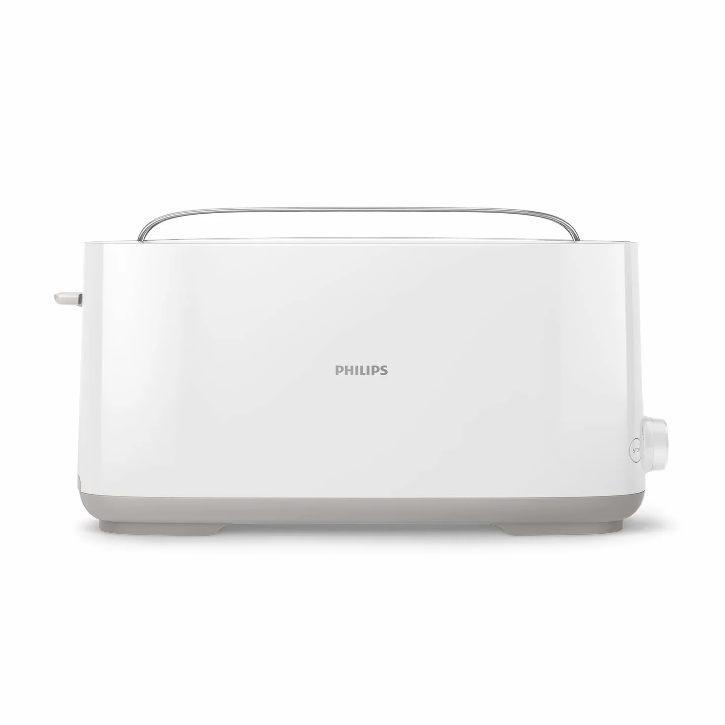 Philips Toster - Długi otwór, 8 Poziomów opiekania, Ruszt do bułek, Funkcja rozmrażania, Obudowa Cool Touch, Wysoki podnośnik, Automatyczne wyłączanie, Biały (HD2590/00)