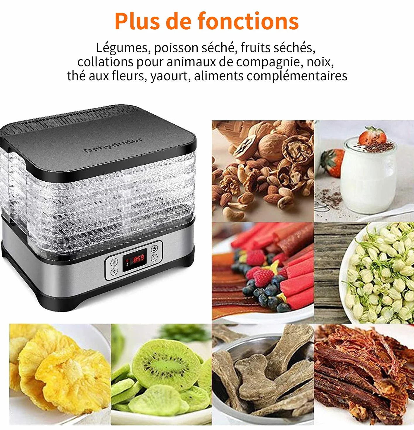 COOCHEER 8 tacek, dehydrator warzyw owocowych z timerem i regulacją temperatury, wyświetlacz LED, 400 W